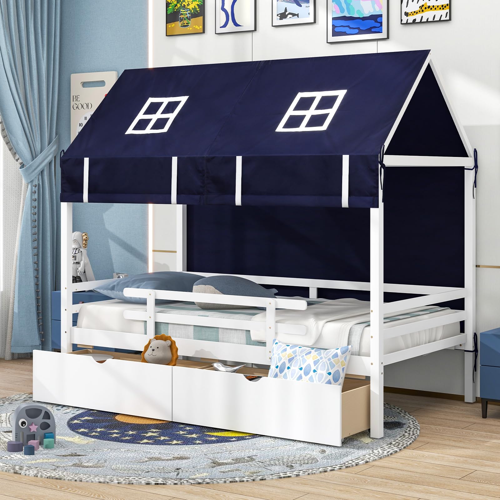 KOMFOTT Twin House Bed with Tent, Wood Kids Bed with 2 Storage Drawers, Solid Wood Daybed Frame with Rails and Roof