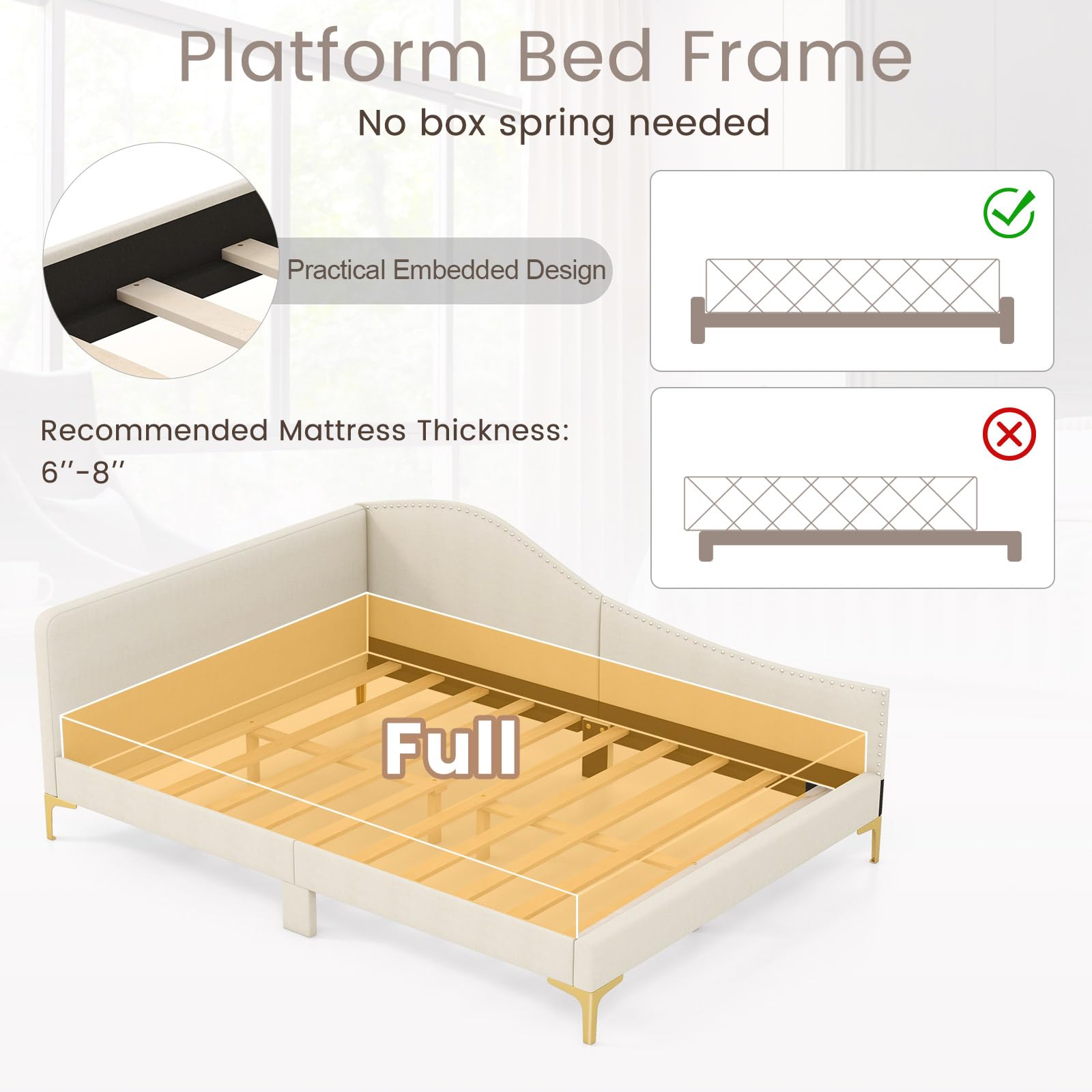 KOMFOTT Rivet-Tufted Platform Bed Frame with Headboard, Metal Legs & Wood Slats, L-Shaped Corner Sofa Bed