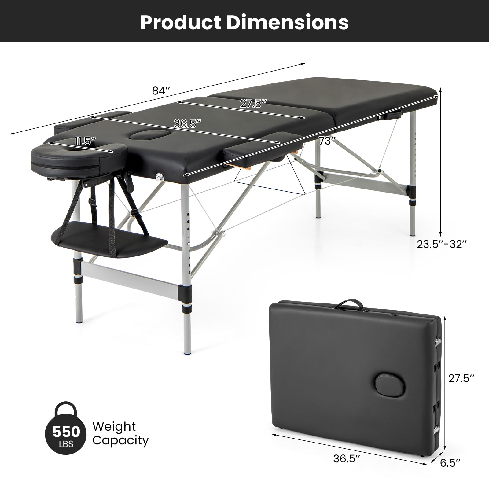 KOMFOTT Massage Table, Portable Massage Bed with Carrying Bag, 2 Fold Salon Spa Tattoo Bed, Height Adjustable