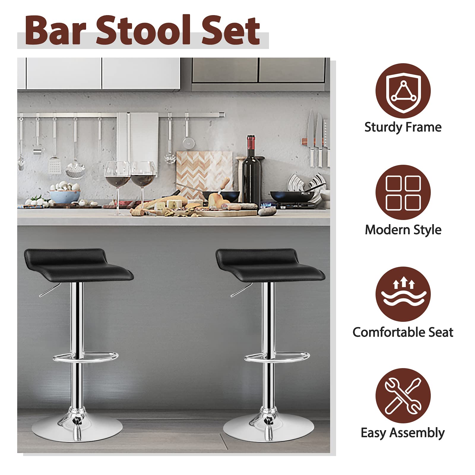 KOMFOTT Bar Stools Set of 2/4, Adjustable Swivel PU Leather Barstools w/Footrest, Chrome Base