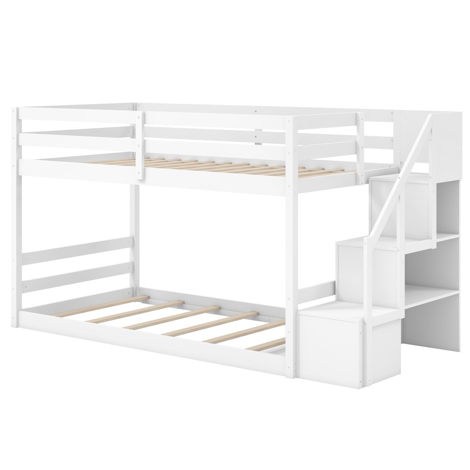 KOMFOTT Bunk Bed with Stairs, Solid Wood Floor Bunk Bed with Storage Staircase & Full-Length Guardrails