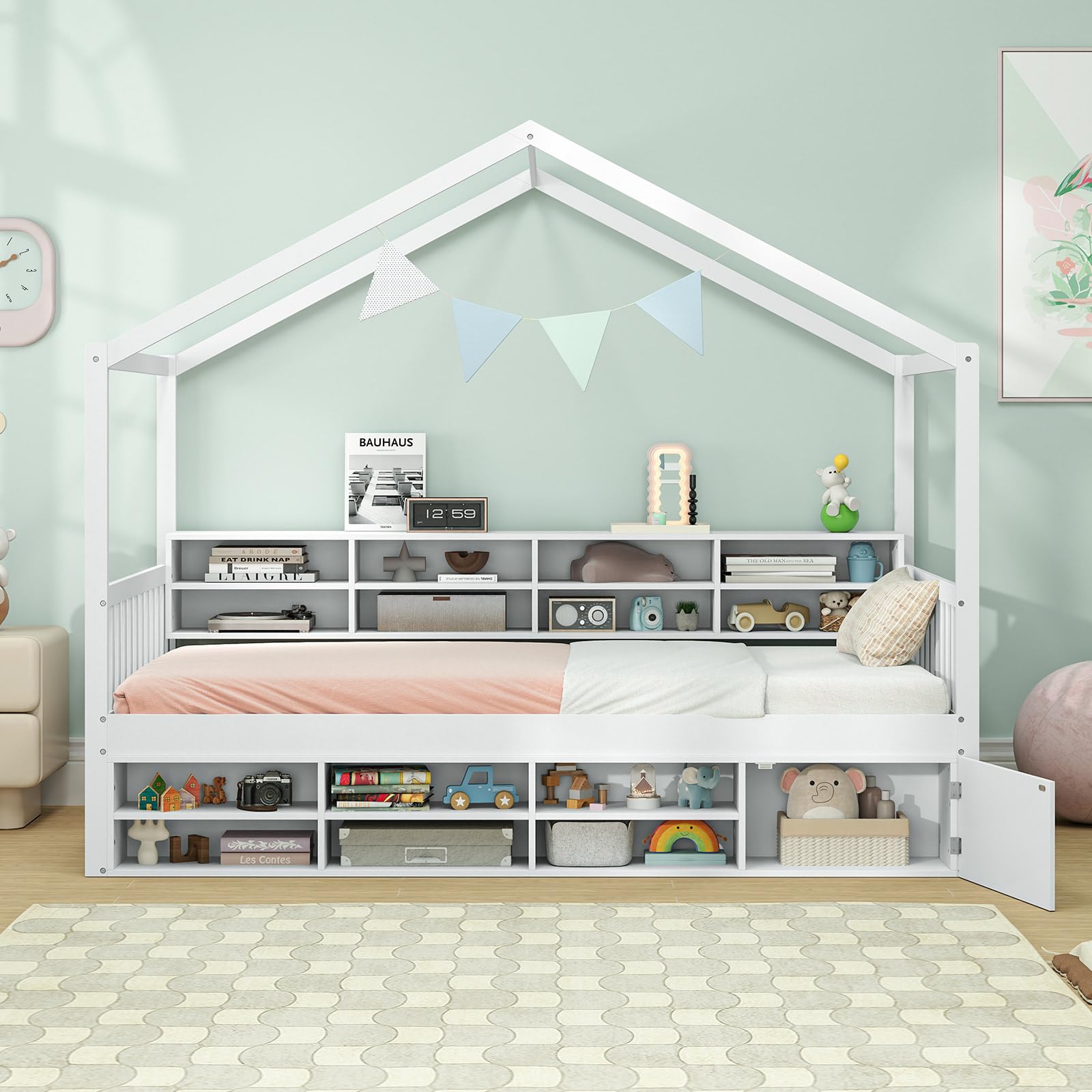 KOMFOTT Twin Size House Bed with Storage, Wooden Montessori House Bed with 14 Storage Cubes, Enclosed Cabinet, Wood Slats & Fencing