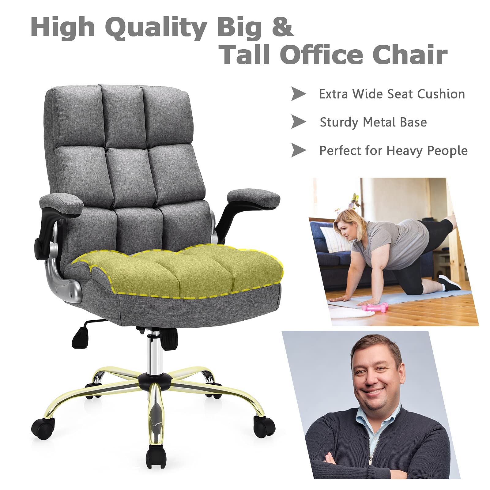 KOMFOTT Executive Office Chair, Adjustable Tilt Angle and Flip-up Armrest Linen Fabric Upholstered Chair with Thick Padding