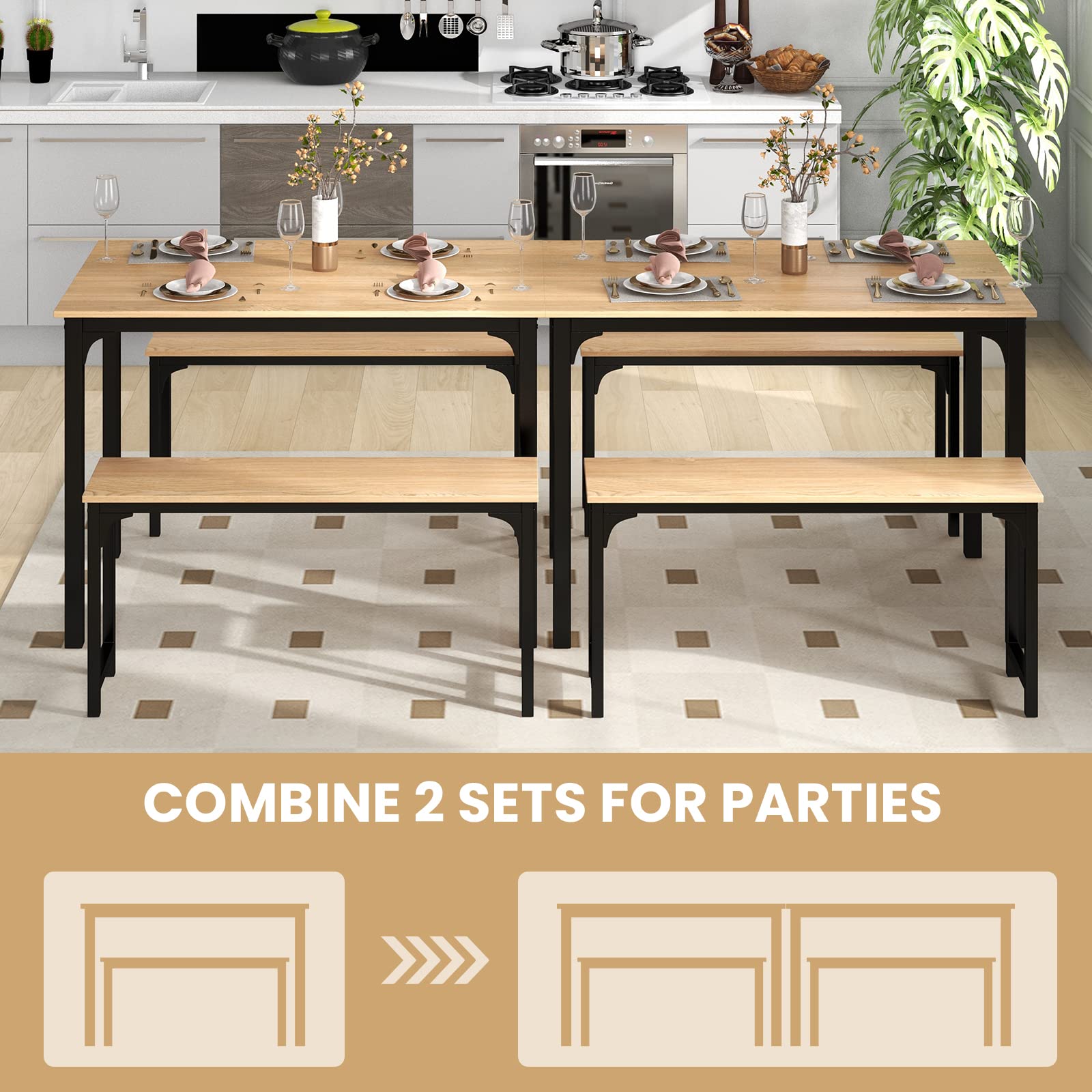 KOMFOTT Dining Table Set with 2 Benches, Industrial Kitchen Table & Chairs with Metal Frame