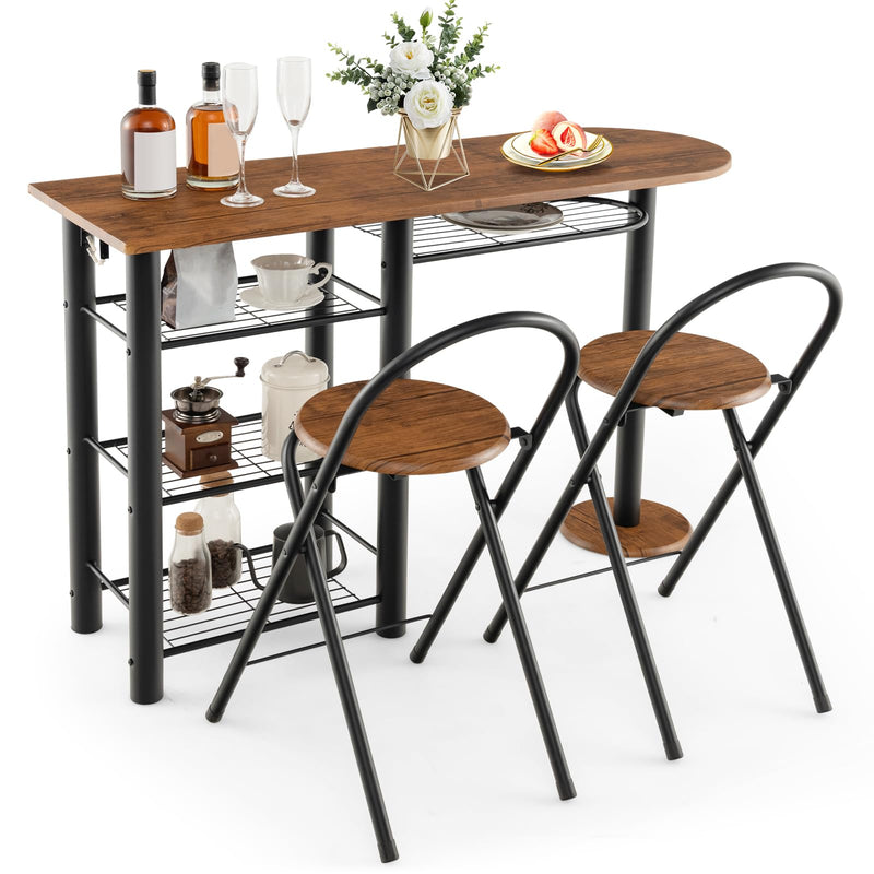 KOMFOTT 3 Piece Bar Table Set, Counter Height Dining Table & 2 Foldable Chairs w/ 4-Tier Storage Shelves, Anti-Toppling Device