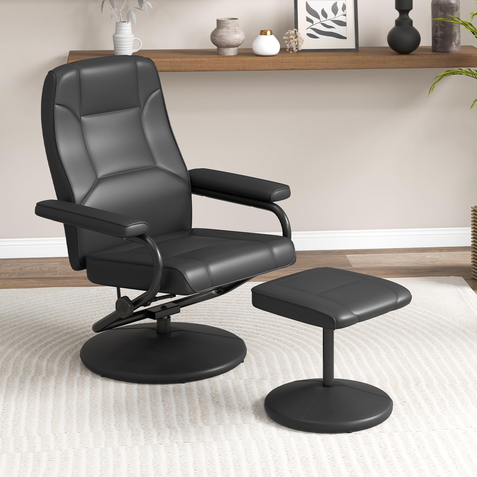 KOMFOTT Recliner Chair with Ottoman, 360° Swivel Faux Leather Reclining Chair w/Adjustable Backrest, Footrest