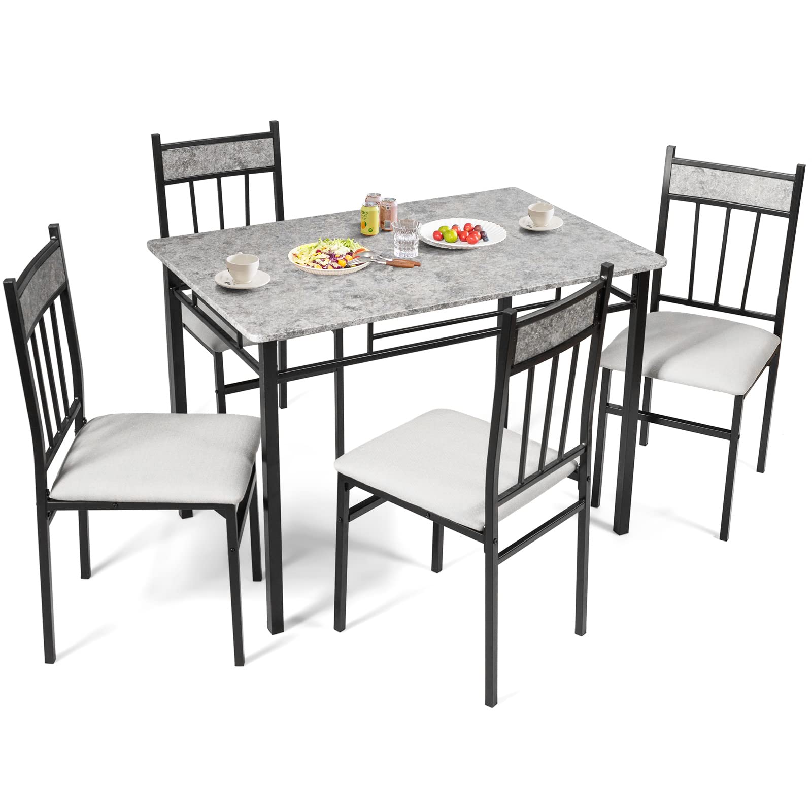 KOMFOTT 5 Piece Dining Table Set, Modern Rectangular Dining Table & Upholstered Chair Set w/Marble Tabletop