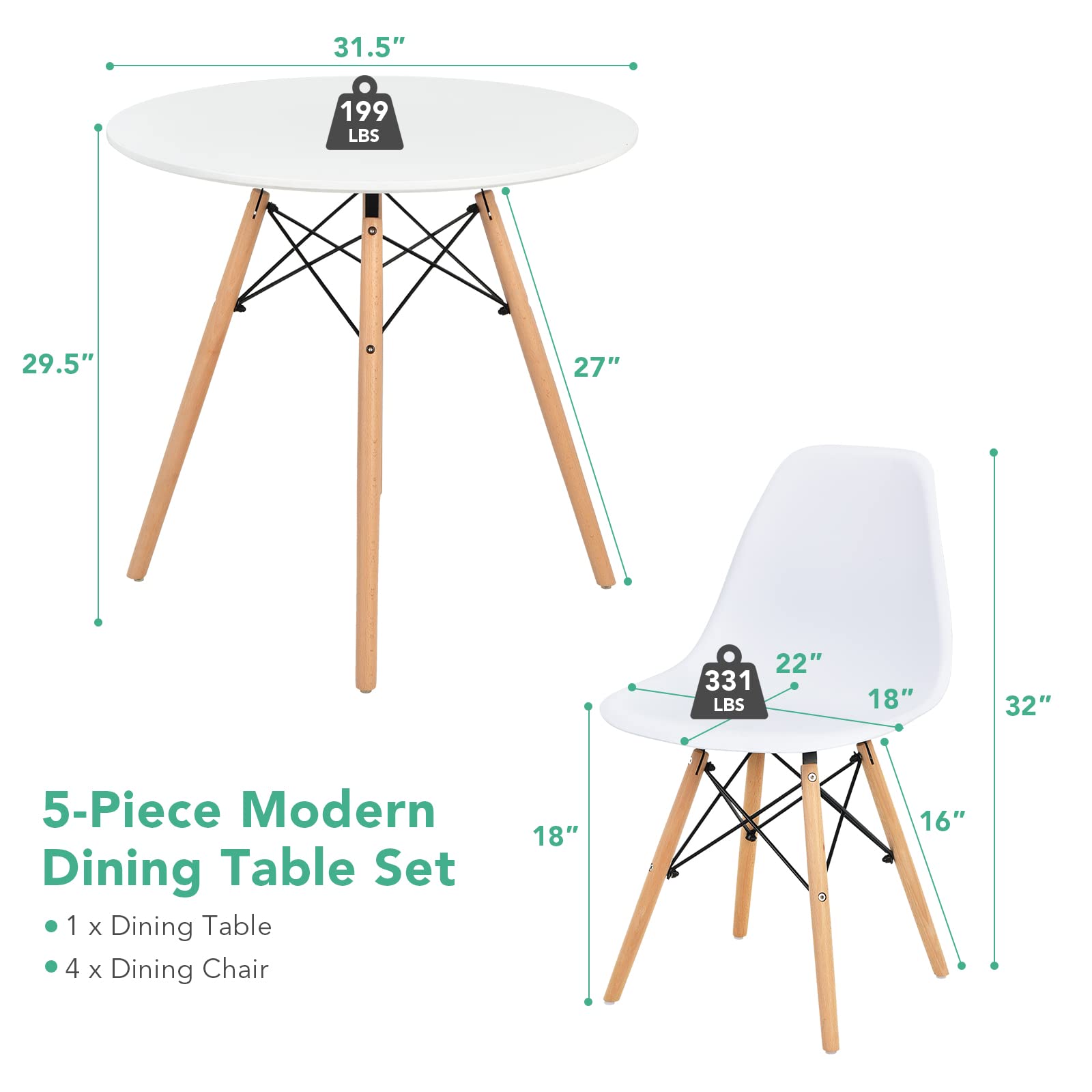 KOMFOTT Round Dining Table Set for 4, Modern 31.5" D Dining Table & 4 Dining Chairs with Solid Wood Legs