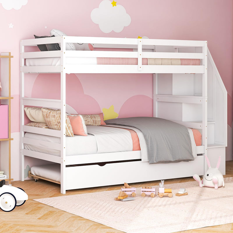 KOMFOTT Wood Twin Over Twin Bunk Bed with Trundle & Storage Stairs, Convertible to 2 Separated Beds