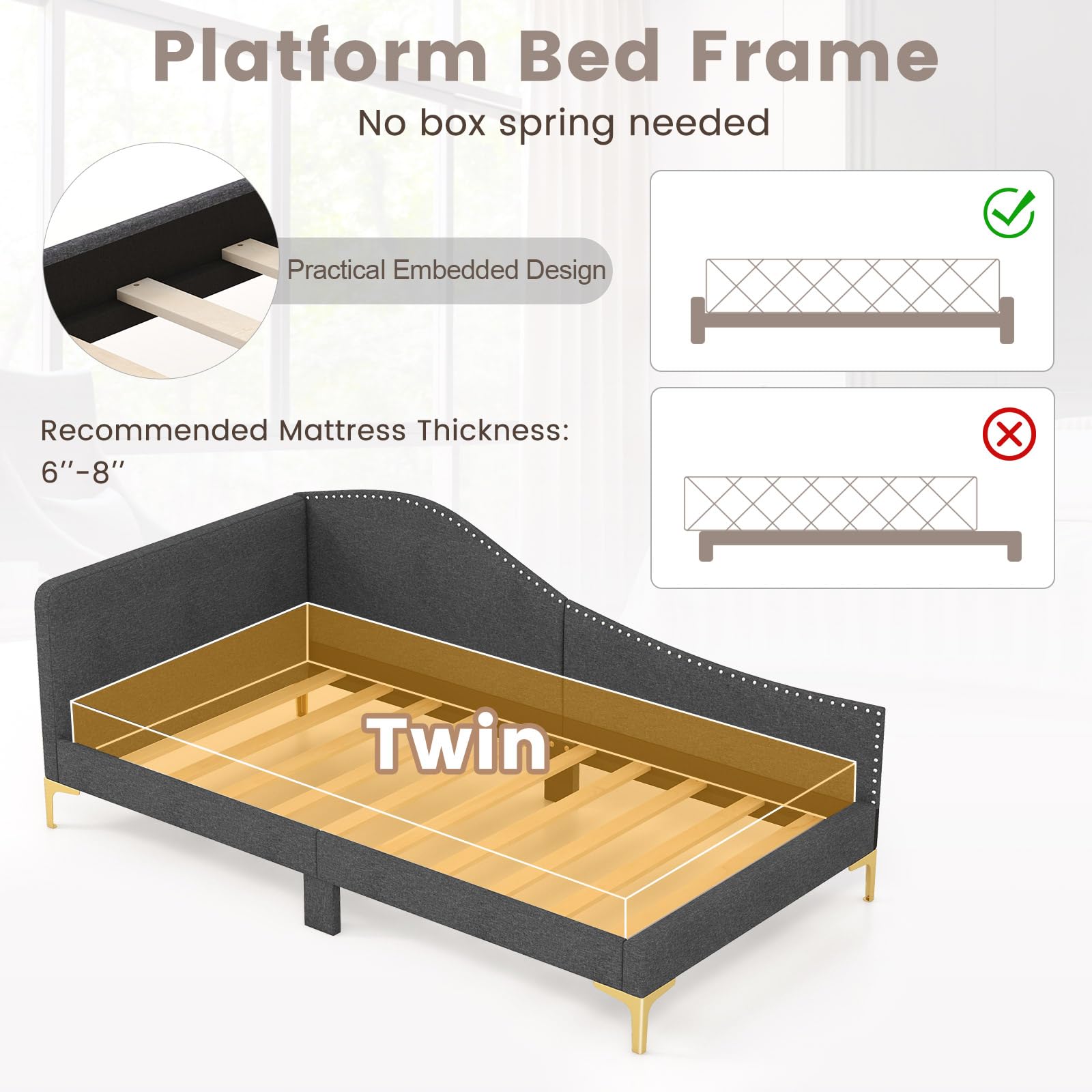 KOMFOTT Rivet-Tufted Platform Bed Frame with Headboard, Metal Legs & Wood Slats, L-Shaped Corner Sofa Bed