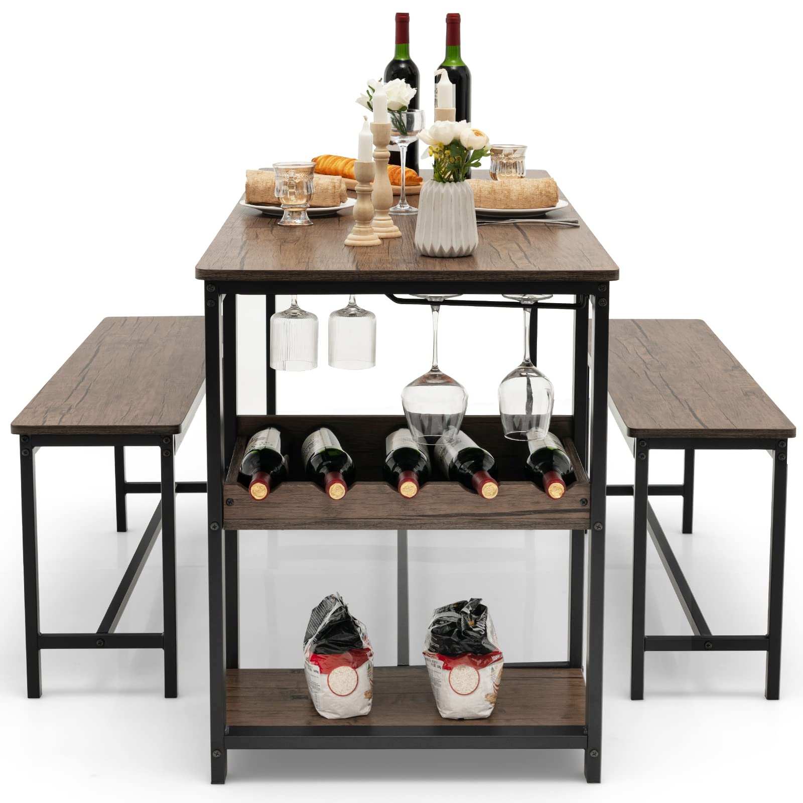 KOMFOTT Dining Table Set for 4, 3-Piece 55" L Kitchen Table Set w/ 2 Benches, Breakfast Table w/ 5-Bottle Wine Rack & Glass Holder