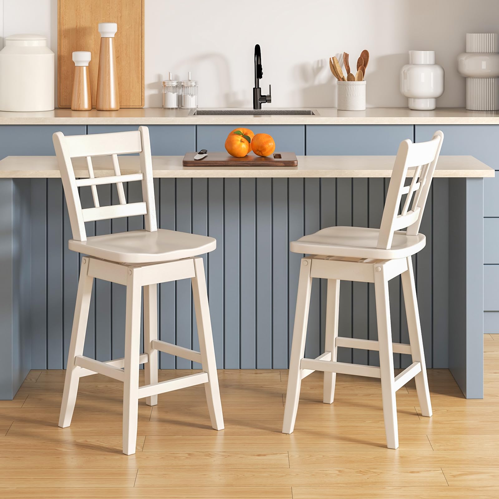 KOMFOTT 24.5" Bar Stools Set of 2/4, Farmhouse Swivel Barstools with 6-Grid Hollow Back & Ergonomic Contoured Seat, Footrest