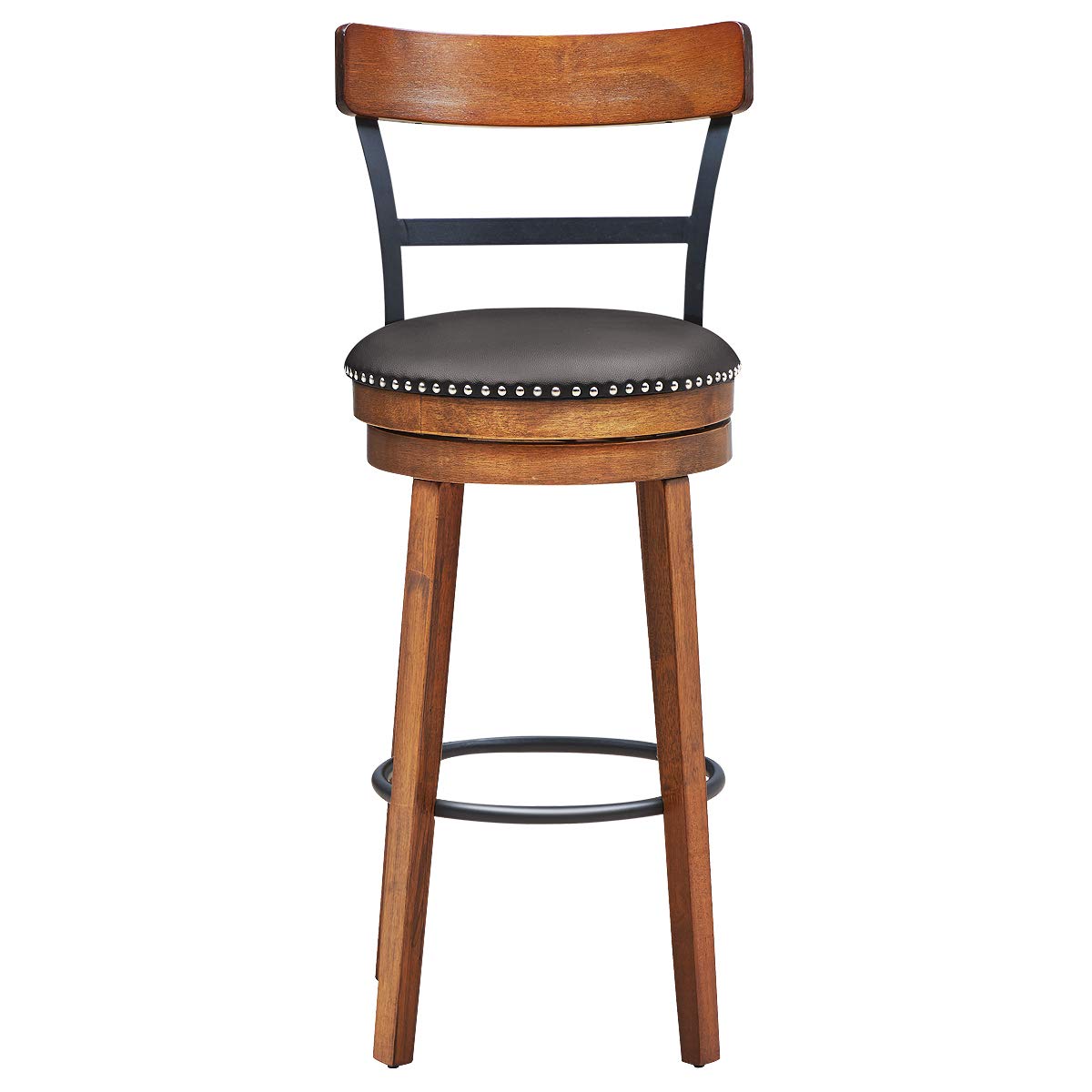 KOMFOTT Bar Stools Set of 1/2/4, 360-Degree Swivel Stools with Leather Padded Seat, Single Slat Ladder Back & Solid Rubber Wood Legs