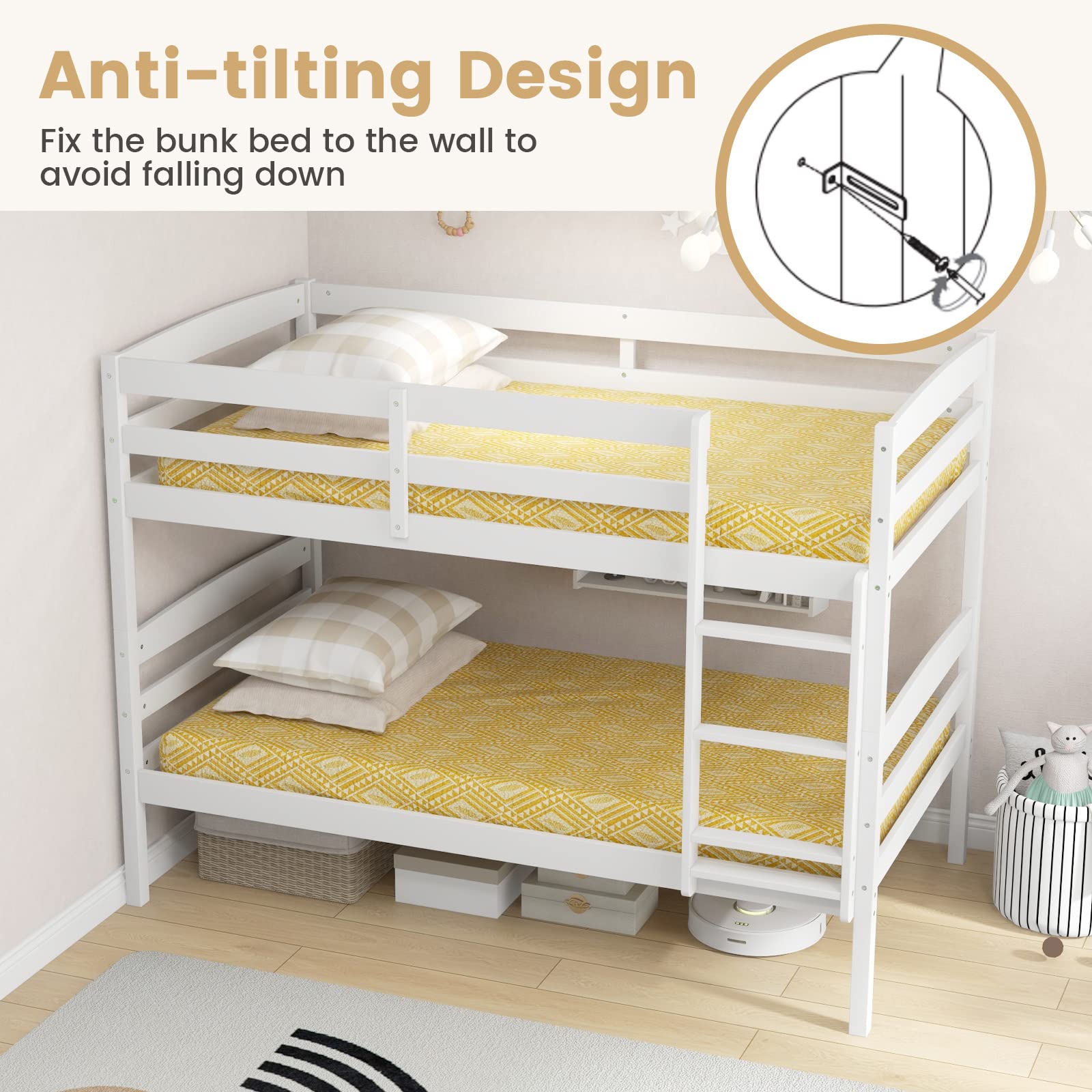 KOMFOTT Twin Over Twin Wood Bunk Bed with Full-Length Guardrail & Integrated Ladder