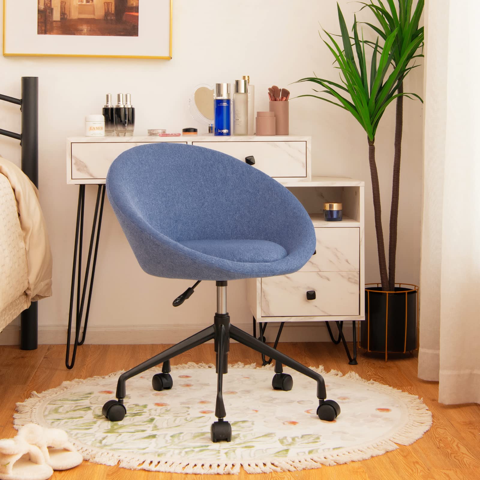 KOMFOTT Adjustable Swivel Office Chair, Modern Fabric Cute Desk Chair with Wheels and Circular Back