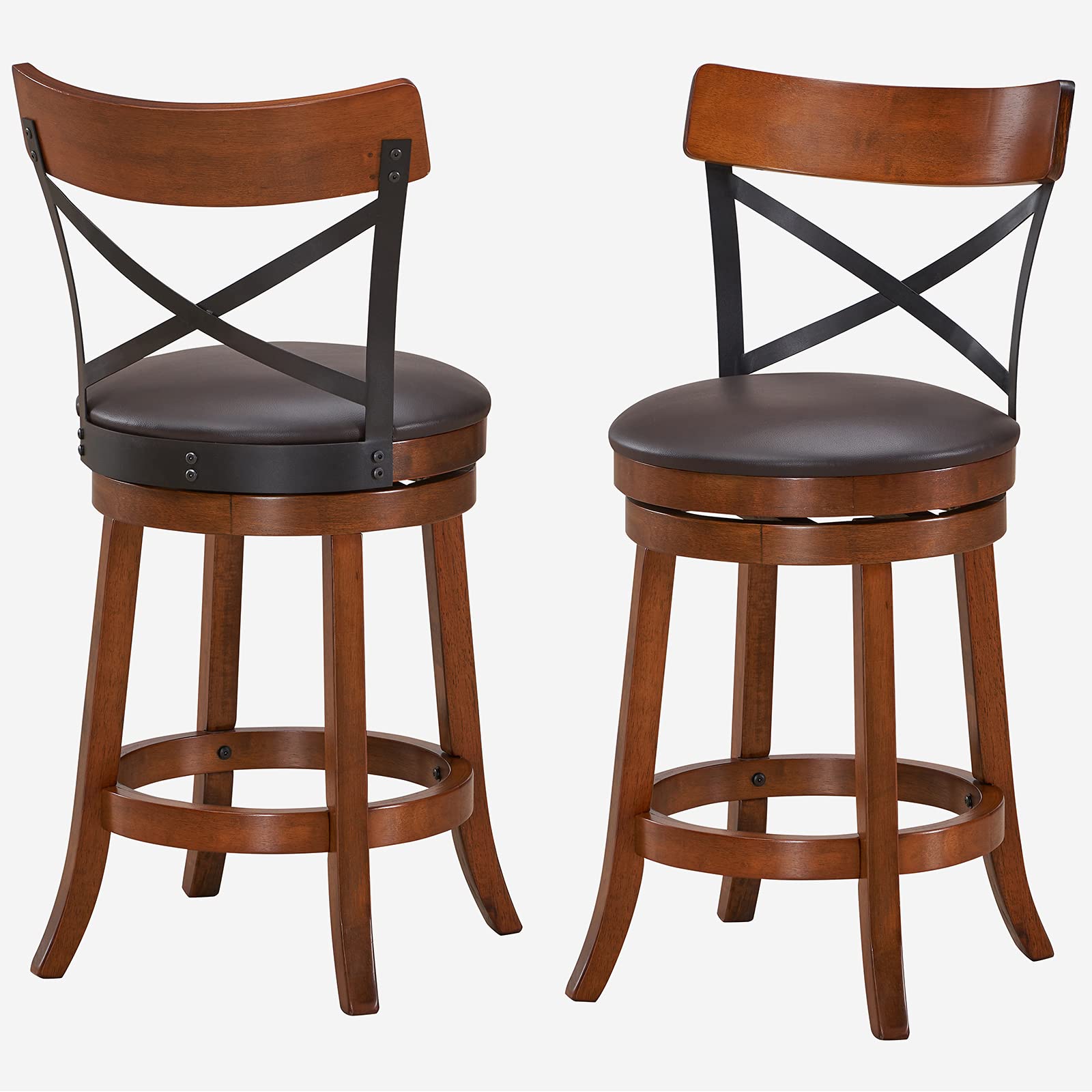 KOMFOTT Bar Stool Set of 2/4, 360-Degree Swivel Solid Wood Stools with Soft Cushion & Backrest