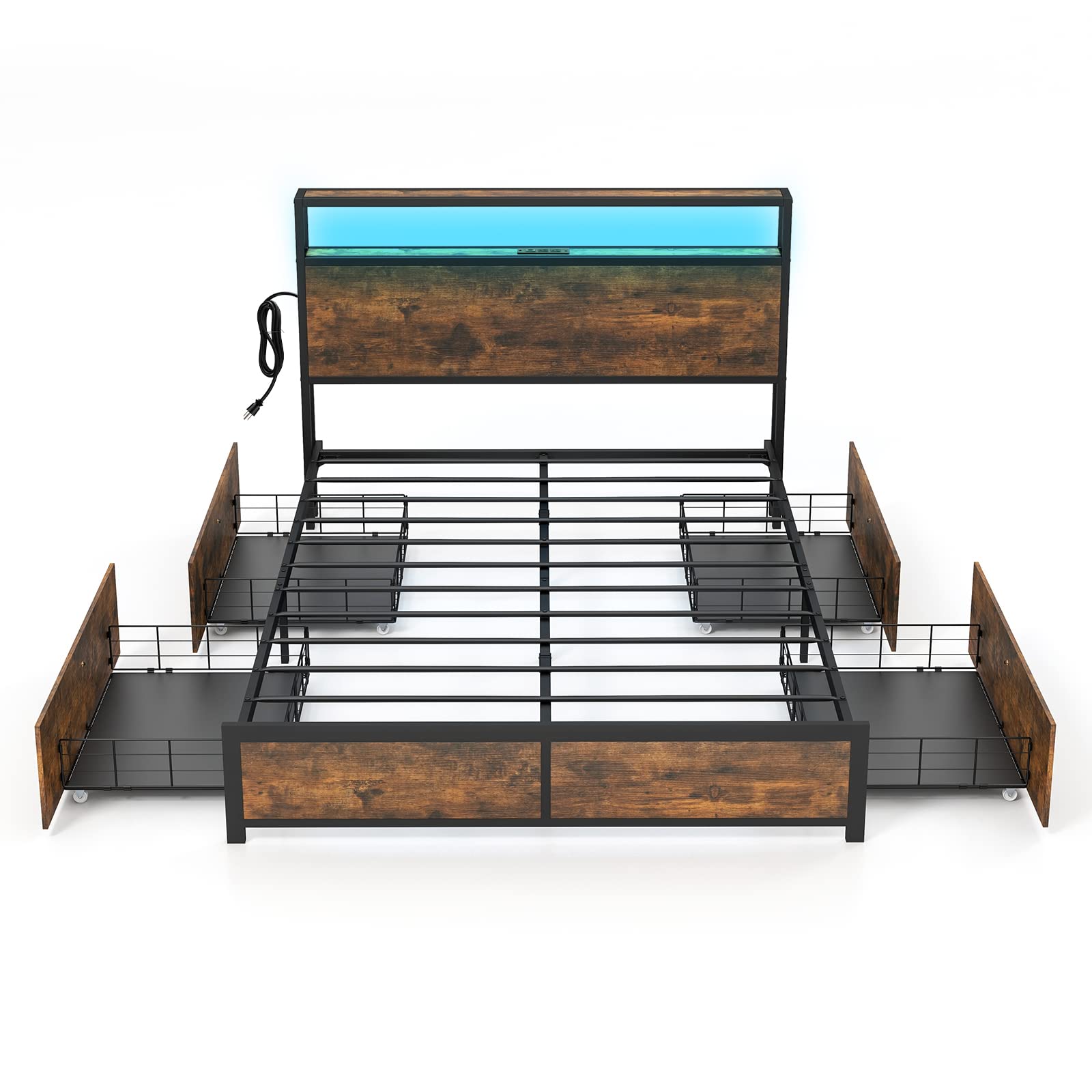 KOMFOTT Metal Bed Frame with LED Lights Headboard and 4 Storage Drawers, Outlets and USB Ports Charging Station