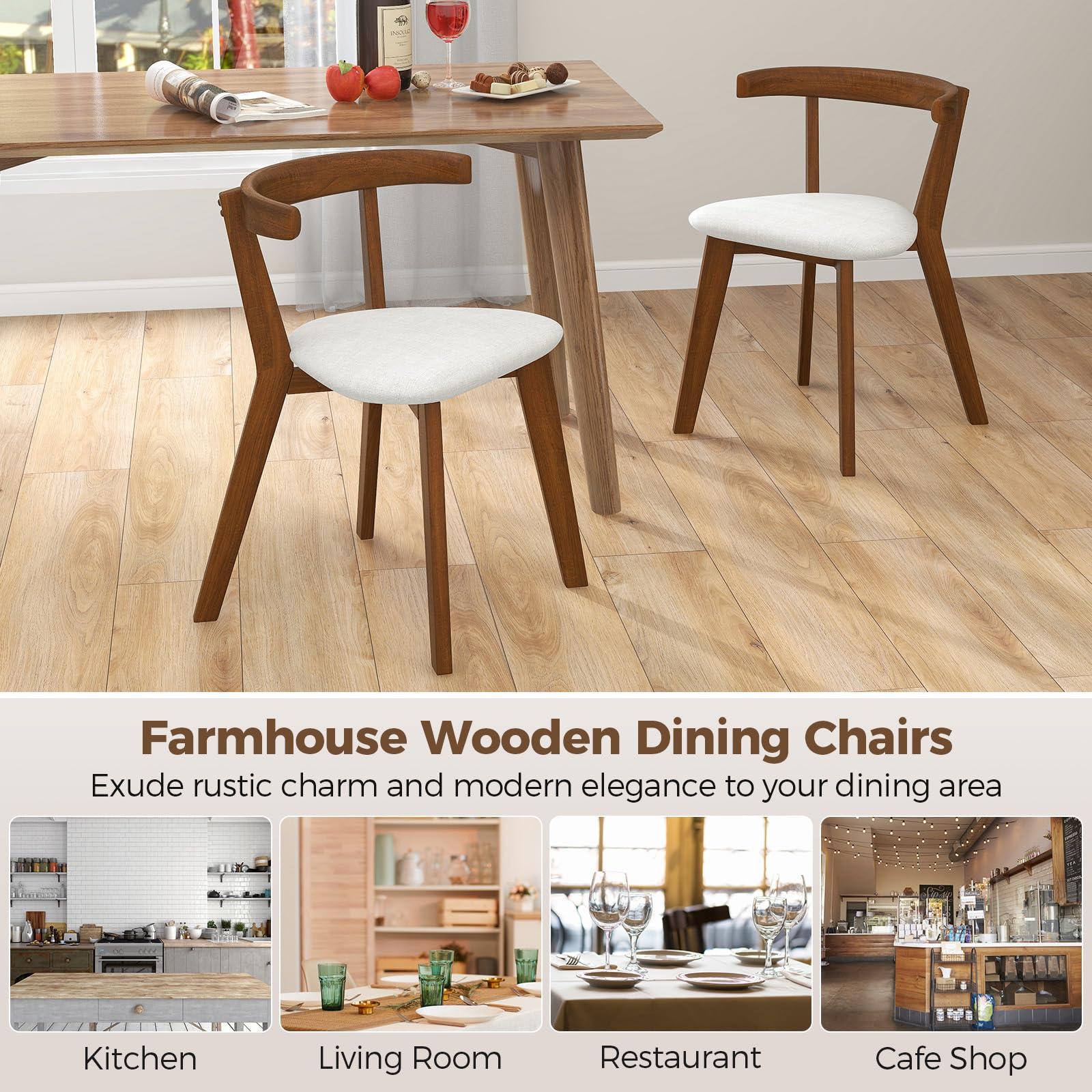 KOMFOTT Wooden Dining Chairs Set of 2, Farmhouse Hanging Kitchen Chairs w/Rubber Wood Frame, Padded Seat, Curve Back