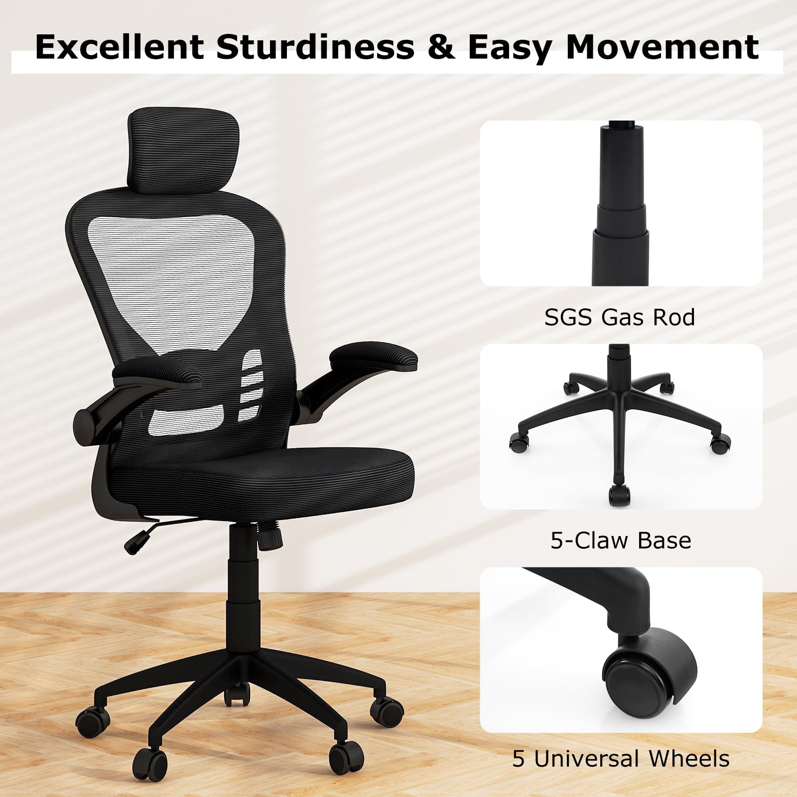 KOMFOTT Ergonomic Mesh Office Chair, Home Office Desk Chair with Adjustable Headrest and Lumbar Support