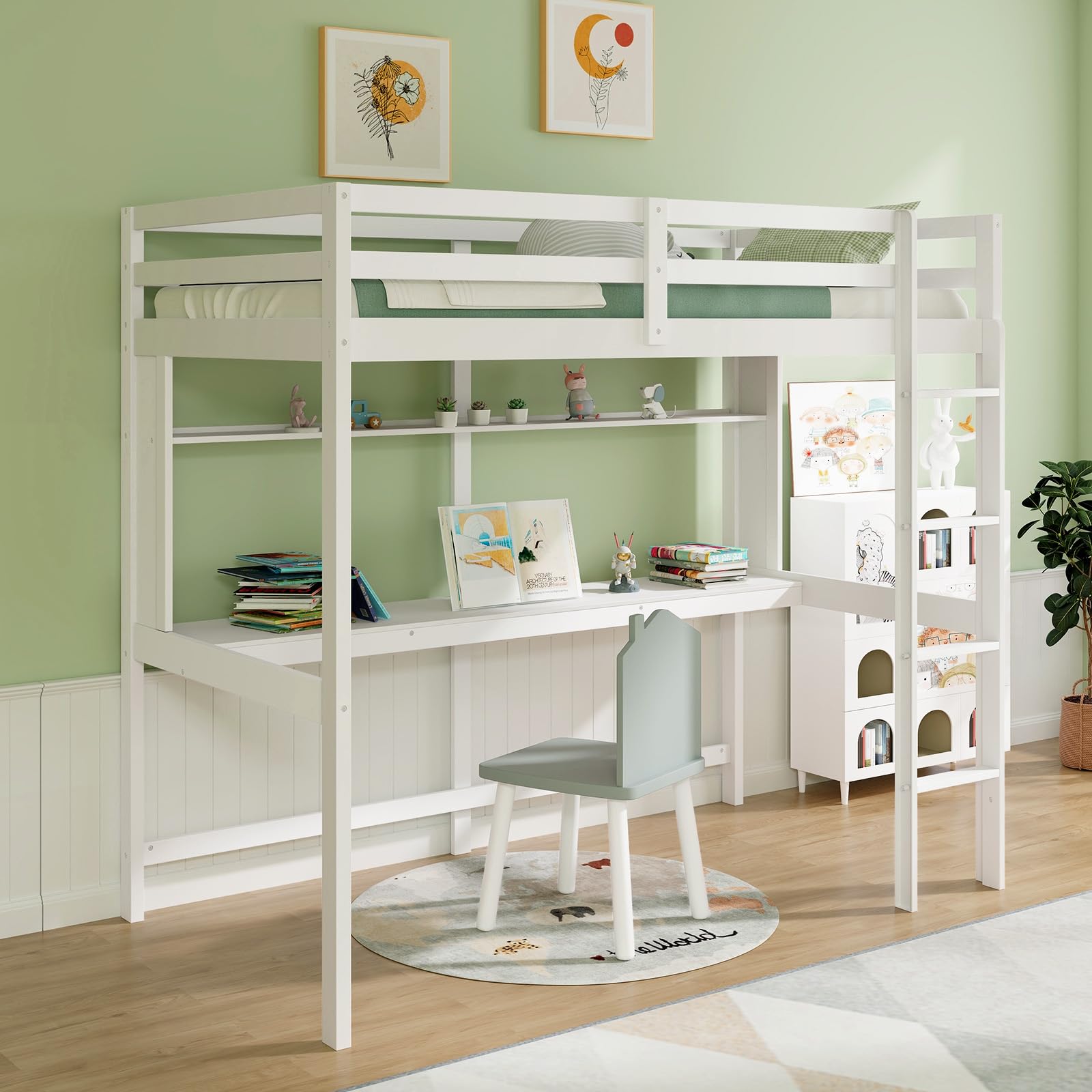 KOMFOTT Twin Size Loft Bed with Desk, Bookshelf, Full Length Safety Guardrail & Ladder