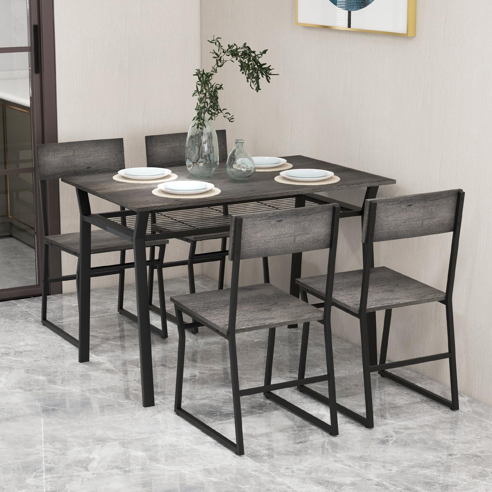 KOMFOTT Dining Table Set for 4, 47”L x 28”W Rectangular Kitchen Table w/ 4 Trapezoid Chairs, Reinforced Metal Frame & Storage Rack