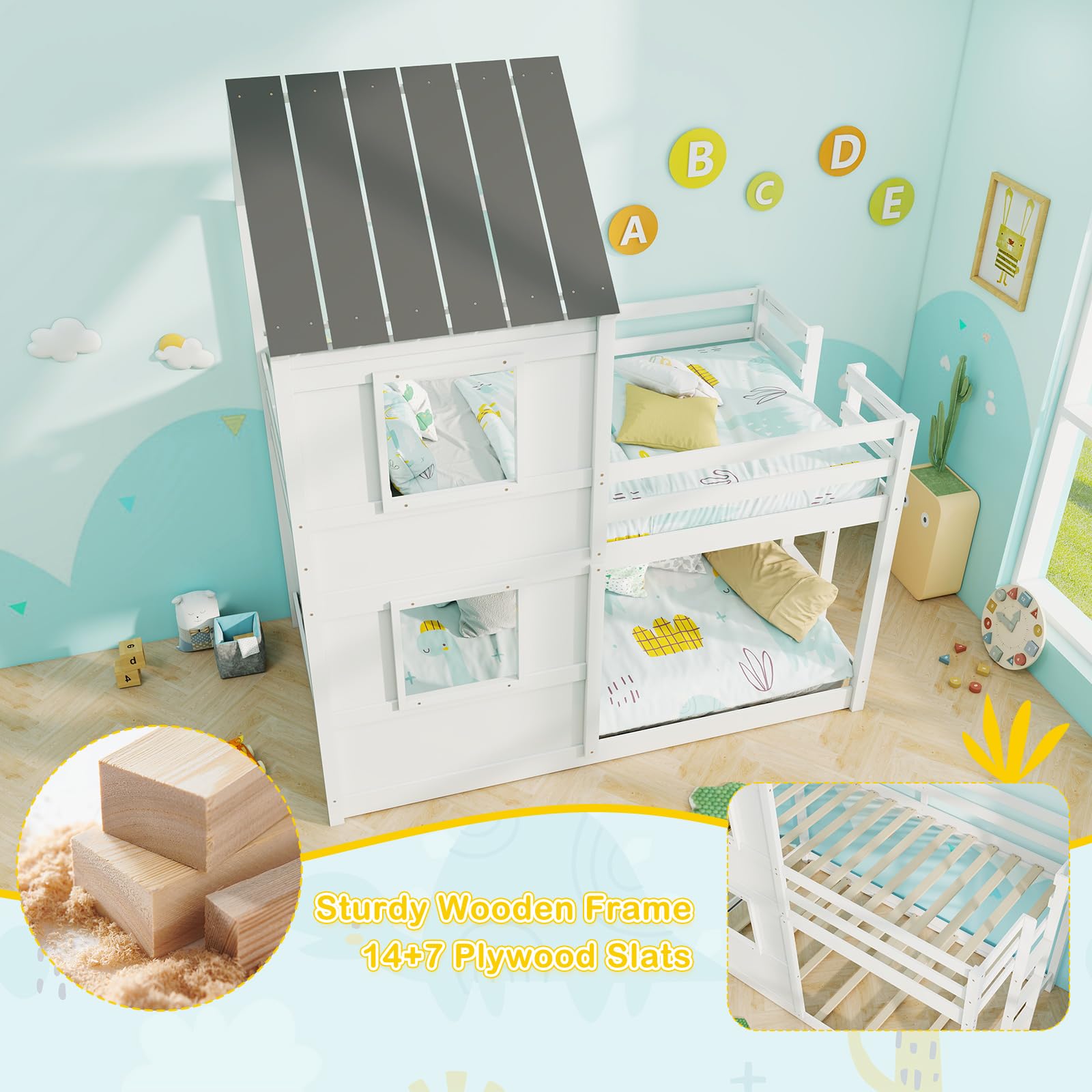 KOMFOTT House Bunk Bed Twin Over Twin, Solid Wood Floor Bunk Bed with Built in Ladder, Window & Safety Guardrail