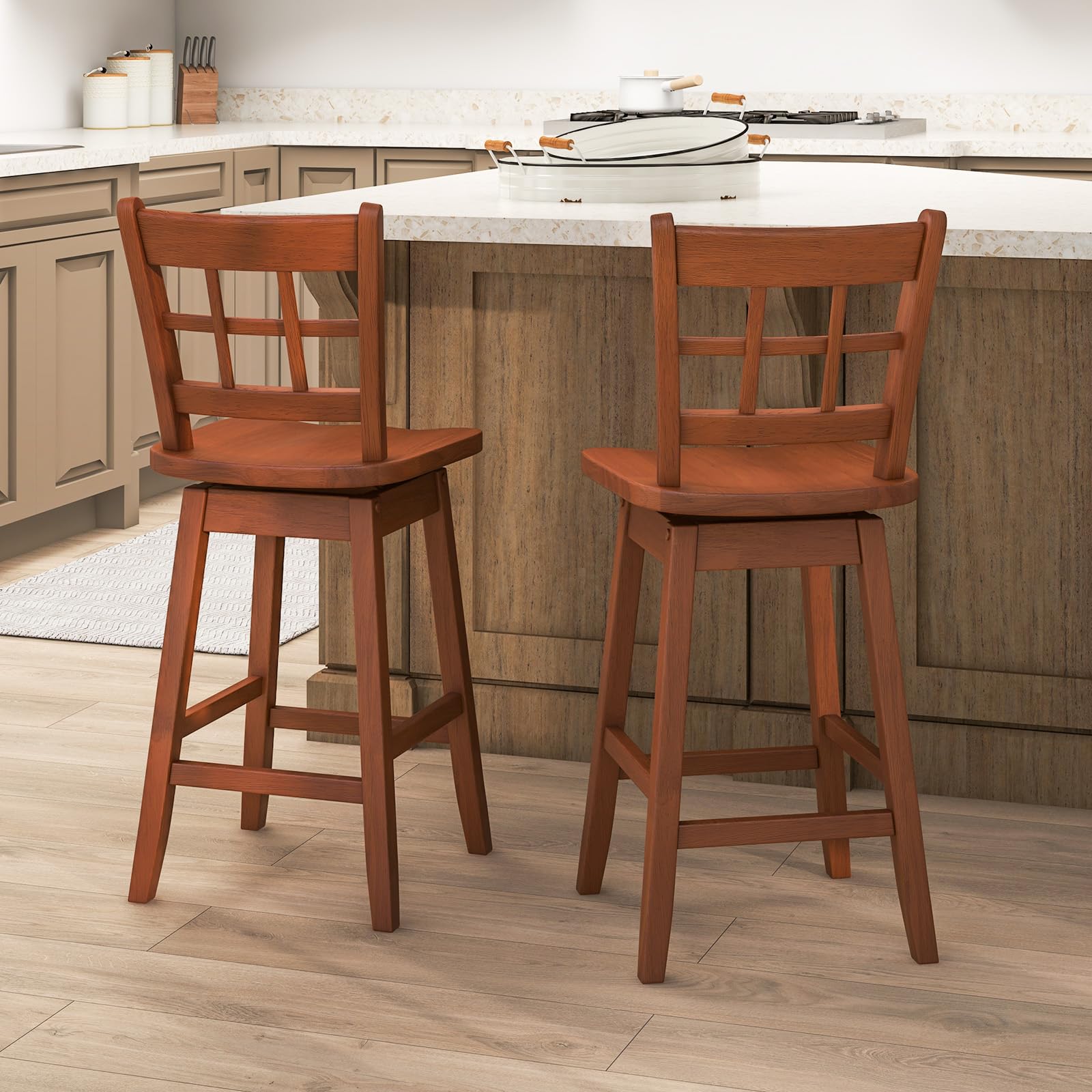 KOMFOTT 24.5" Bar Stools Set of 2/4, Farmhouse Swivel Barstools with 6-Grid Hollow Back & Ergonomic Contoured Seat, Footrest