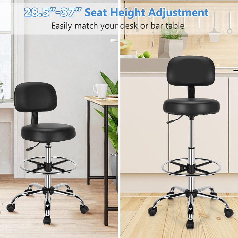 KOMFOTT PU Leather Drafting Chair, Tall Office Chair with Retractable Mid Back, Standing Desk Chair with Adjustable Foot Ring