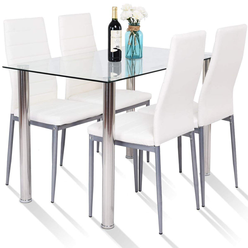 KOMFOTT 5 Piece Dining Table Sets, Modern Tempered Glass Top and PVC Leather Chair w/4 Chairs