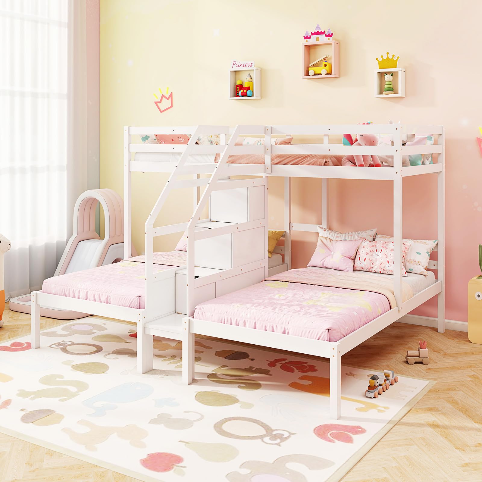 KOMFOTT Twin Over Twin & Twin Bunk Bed, Triple Bunk Beds with 4-Step Storage Stair, Guardrail & Solid Wood Structure