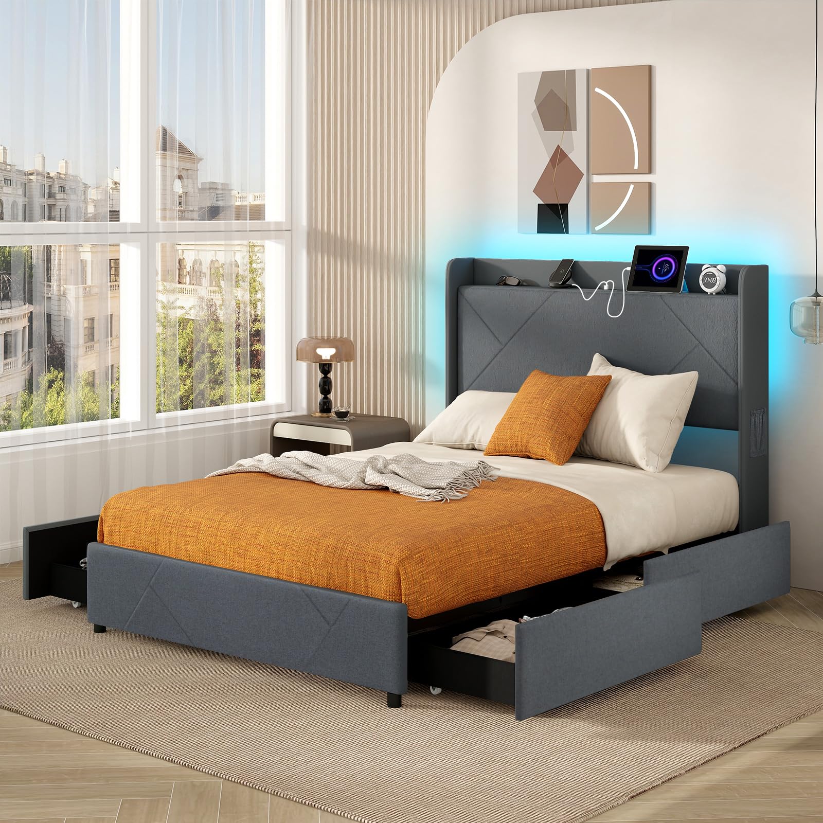 KOMFOTT Upholstered Bed Frame with 4 Storage Drawers & LED Lights, Wingback Headboard & Charging Station