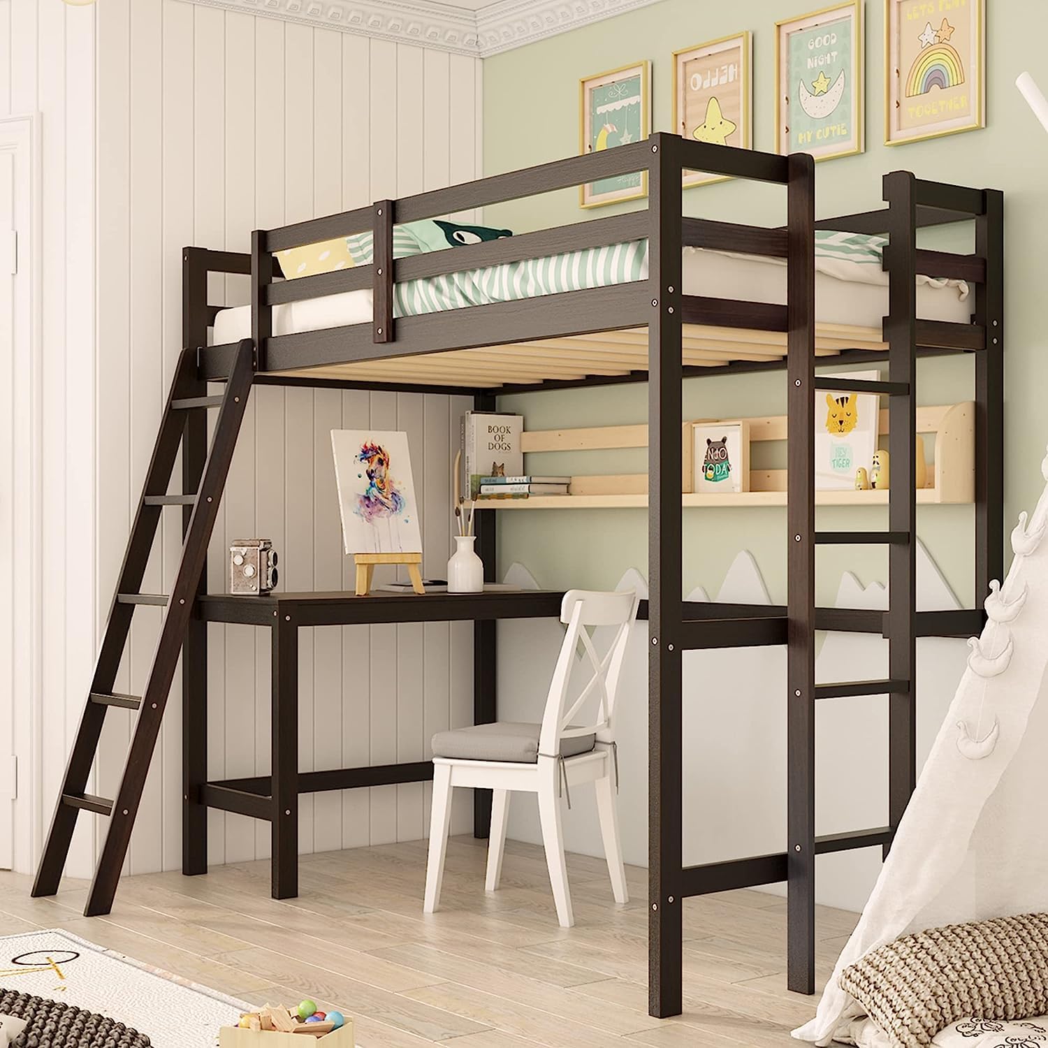 Twin Loft Bed w Desk 2 Ladder Safety Guardrail KOMFOTT