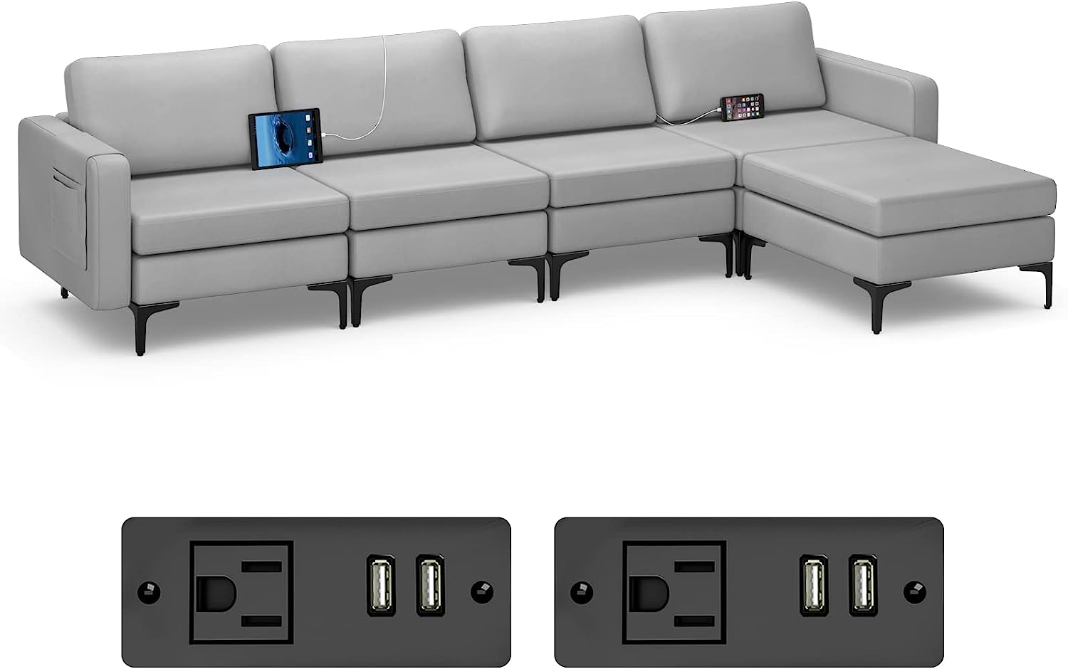 Modern Oversized Modular Sectional Sofa, 4-Seat Fabric Chaise Lounge Sleeper with Built-in Sockets & USB Ports ( Grey)