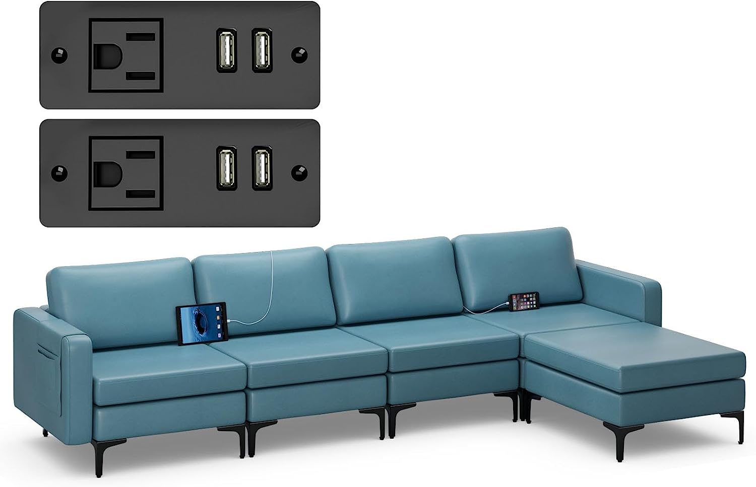 Modern Oversized Modular Sectional Sofa, 4-Seat Fabric Chaise Lounge Sleeper with Built-in Sockets & USB Ports ( Blue)