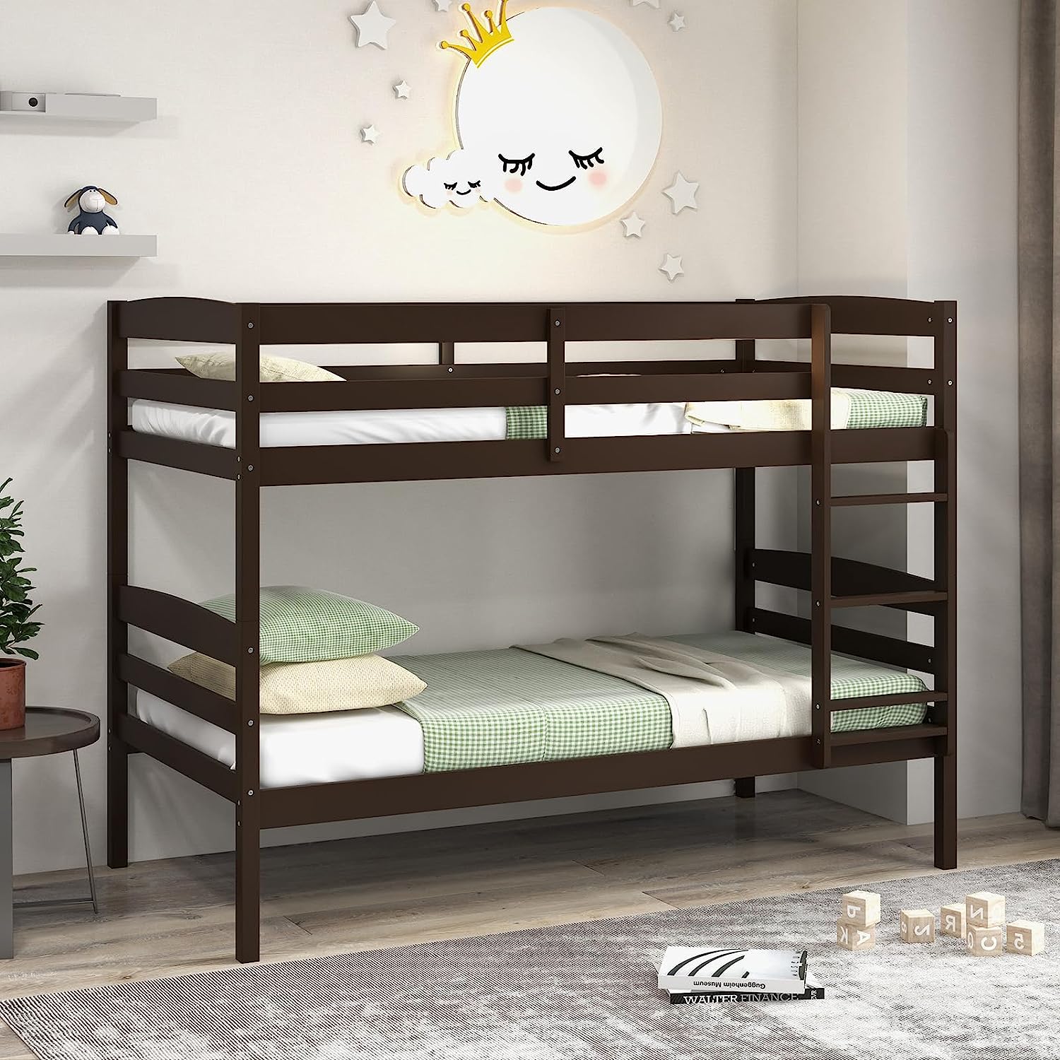 KOMFOTT Twin Over Twin Bunk Bed, Wood Bunk Bed with Full-Length Guardrail & Integrated Ladder (Espresso)