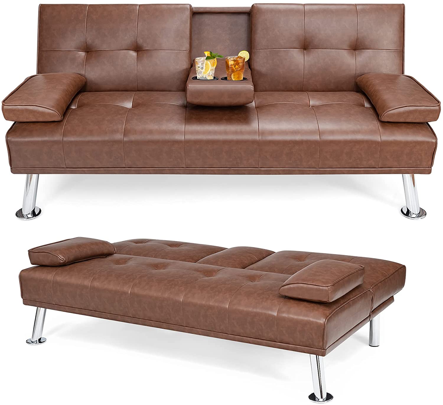 Convertible Futon Sofa Bed with Removable Armrests 2 Cup Holders for Guest