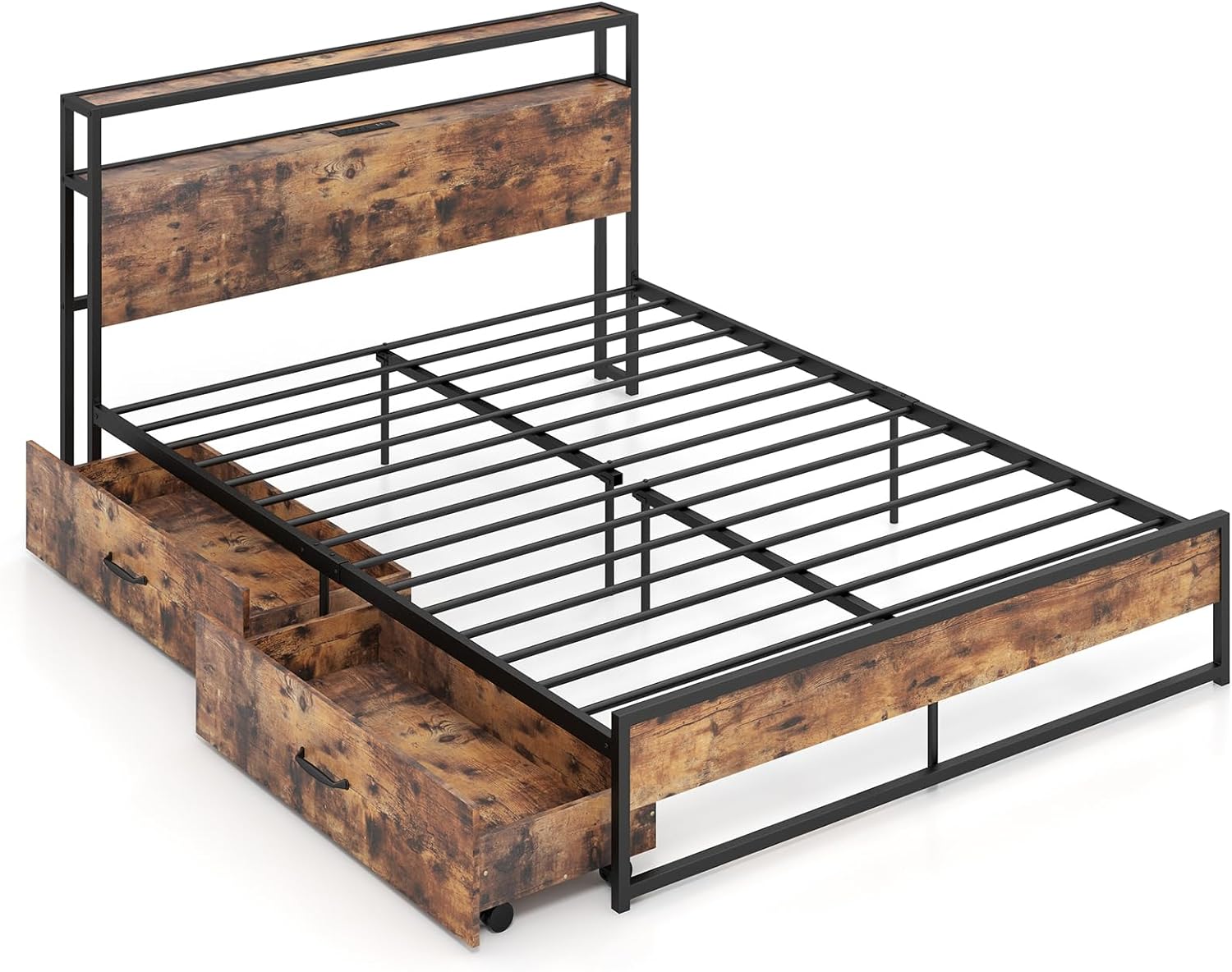 Full Bed Frame w/ Charging Station & 2 Storage Drawers - KOMFOTT