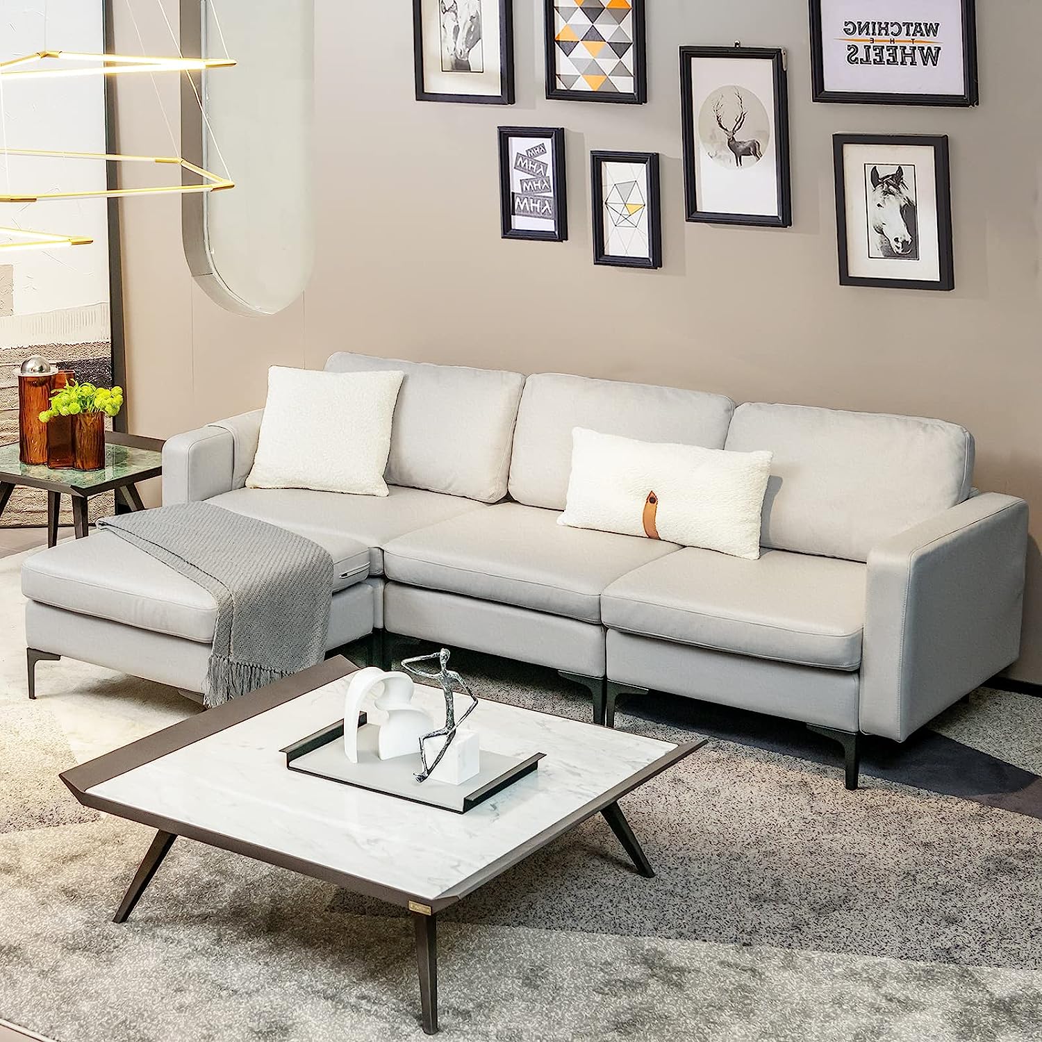 KOMFOTT Convertible Sectional Sofa Couch, 3-Seat L Shaped Couch with Reversible Ottoman, Built-in Socket & USB Ports ( Light Grey)