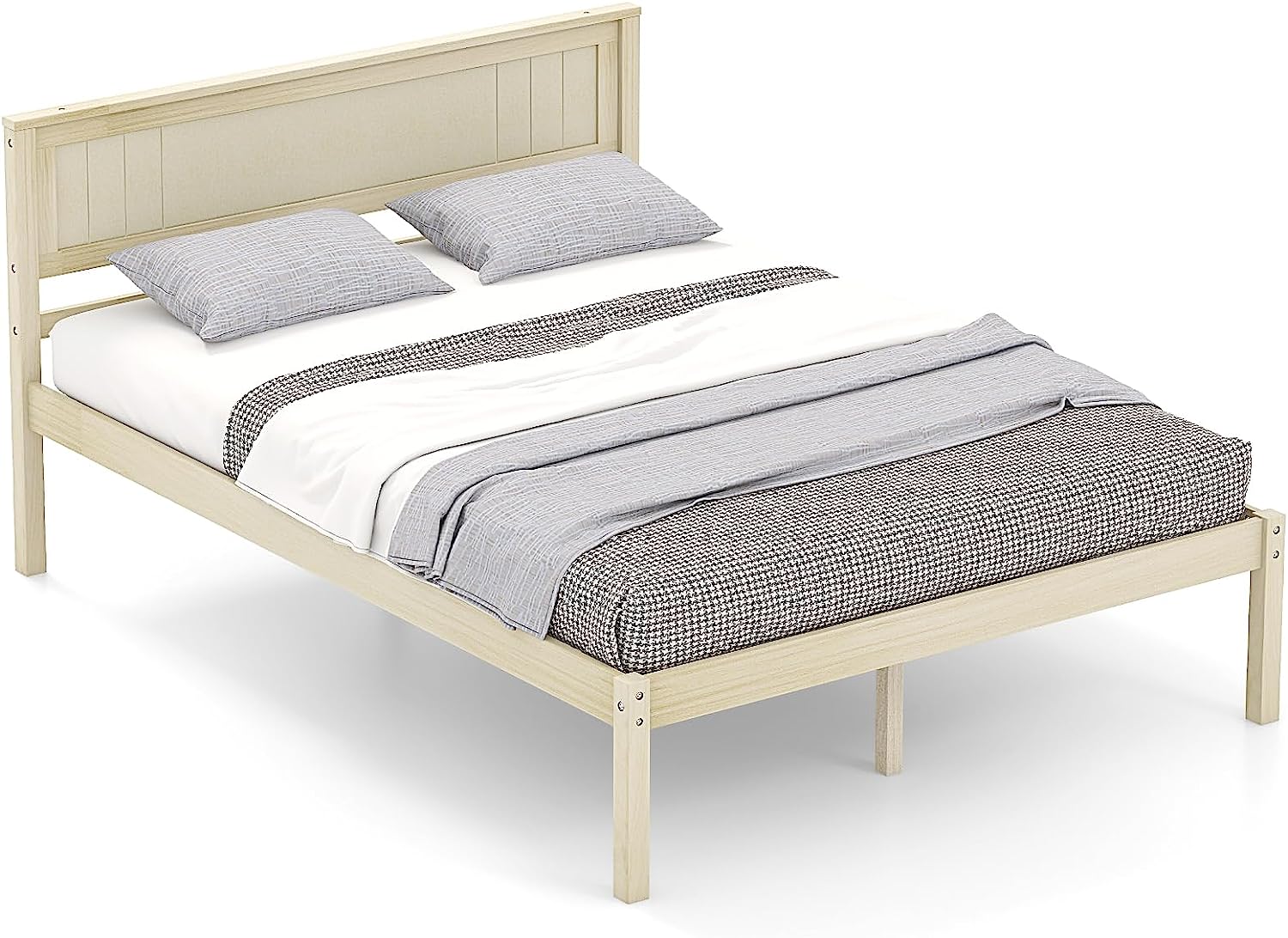 KOMFOTT Wood Platform Bed Frame with Headboard, Solid Wood Bed Frame with Slat Support (Full)