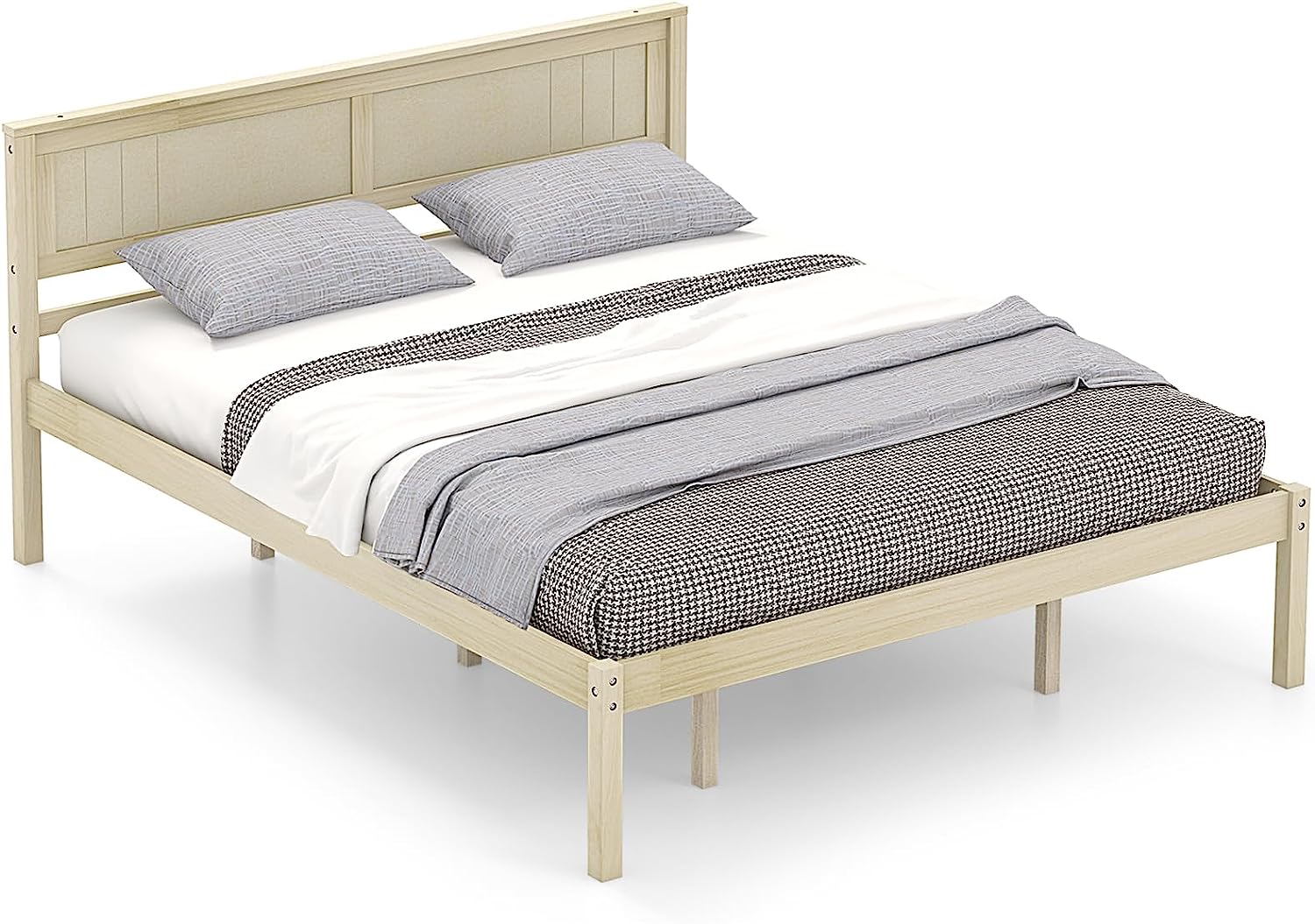 KOMFOTT Wooden Platform Bed Frame with Headboard & Wood Slat Support