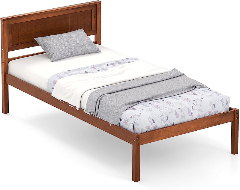 KOMFOTT Wood Platform Bed Frame with Headboard, Solid Wood Bed Frame with Slat Support (Walnut)