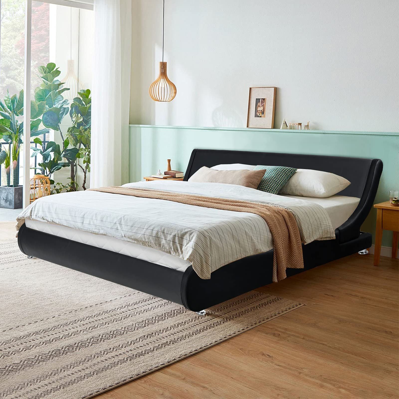 Bed Frame, Upholstered Mattress Foundation with Adjustable Headboard, Faux Leather Platform Bed