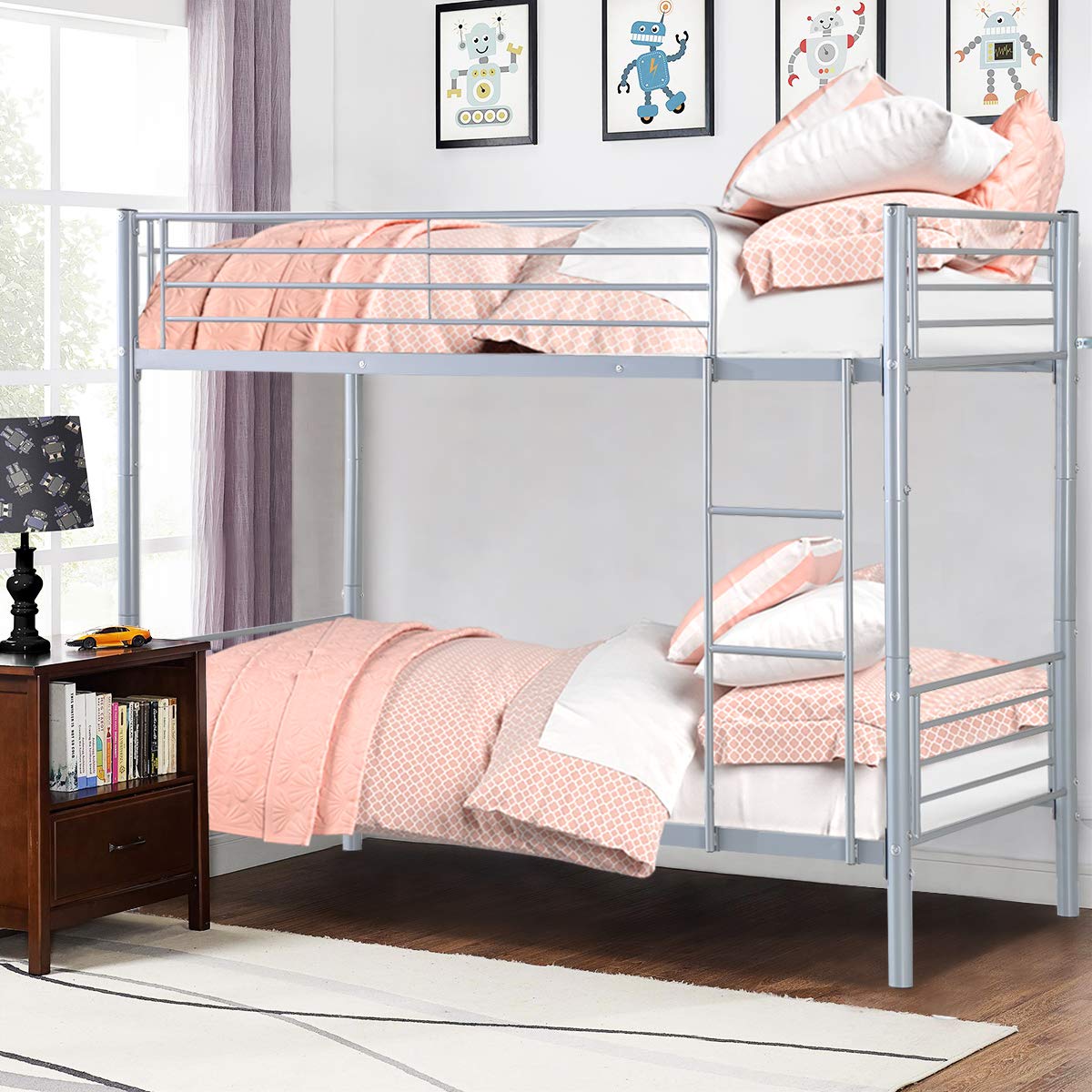 Metal Bunk Bed Twin Over Twin, Removable Ladder and Safety Guard Rails, for Kids Adult Children