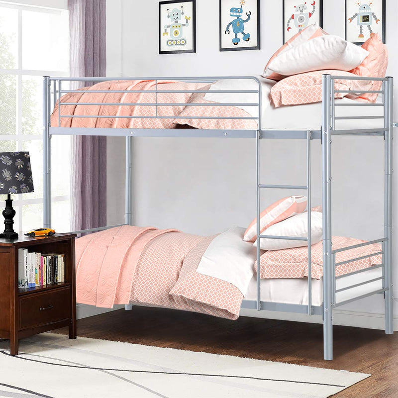 Metal Bunk Bed Twin Over Twin, Removable Ladder and Safety Guard Rails, for Kids Adult Children