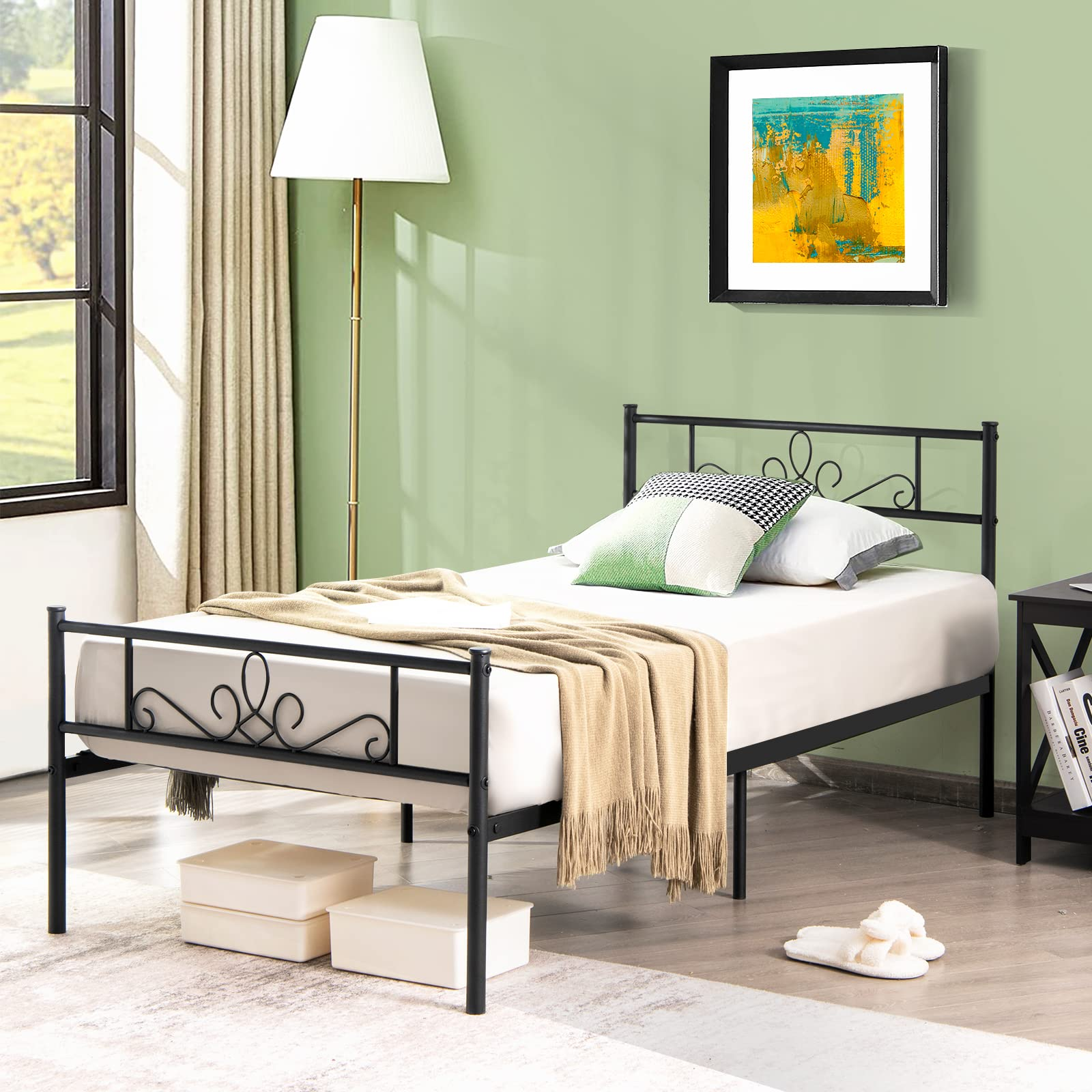 Metal Bed Frame, Modern Platform Bed w/ Decorative Headboard & Footboard