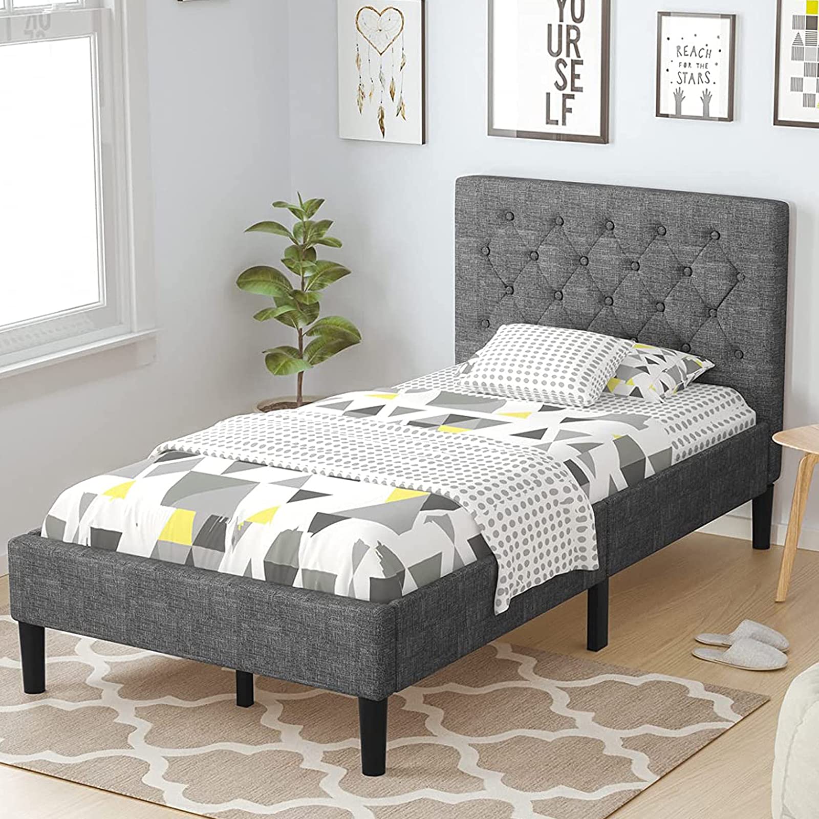 Twin Size Bed Frame, Button Stitched Headboard, Bed Mattress Foundation