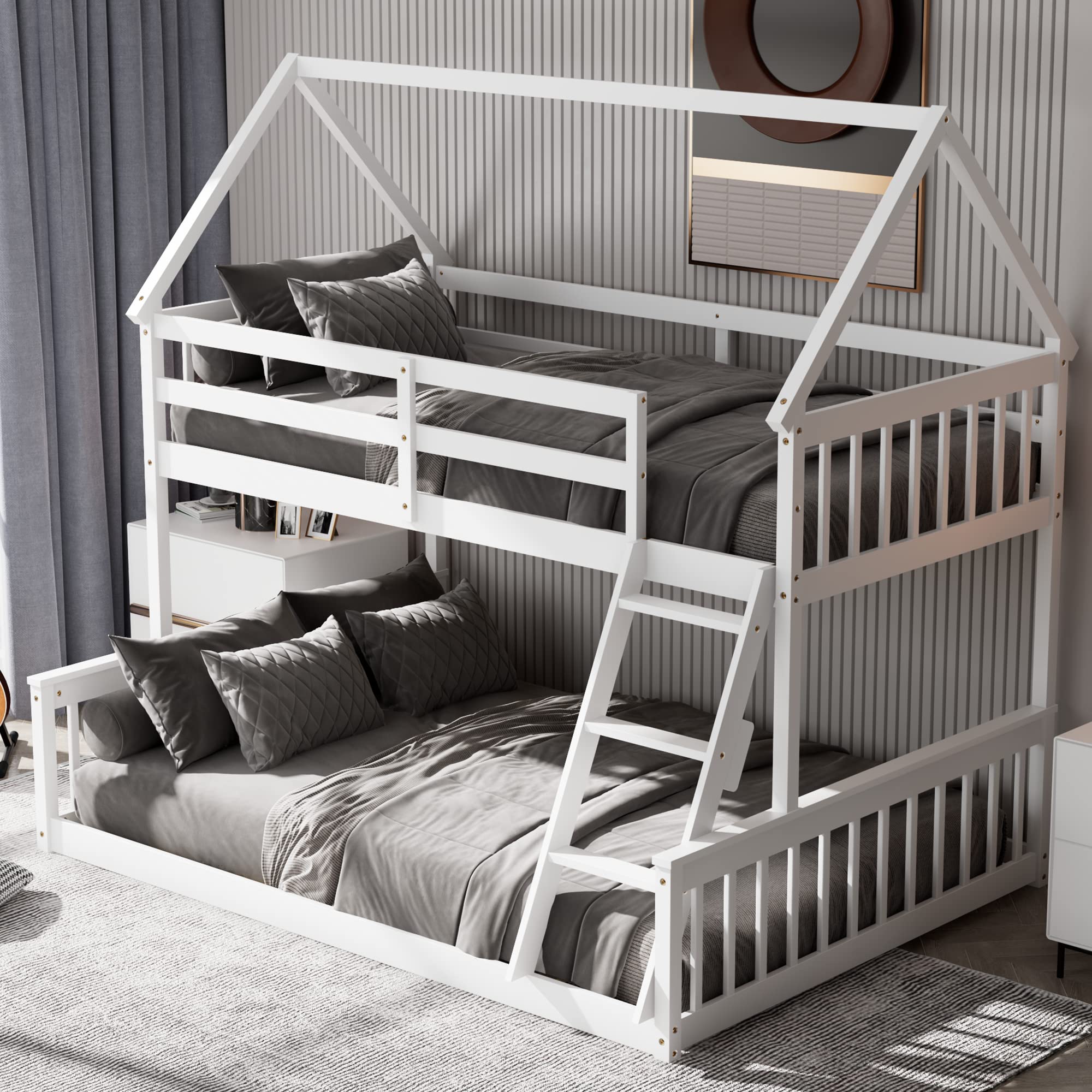 KOMFOTT Wood Twin Over Full House Bunk Bed with Built in Ladder