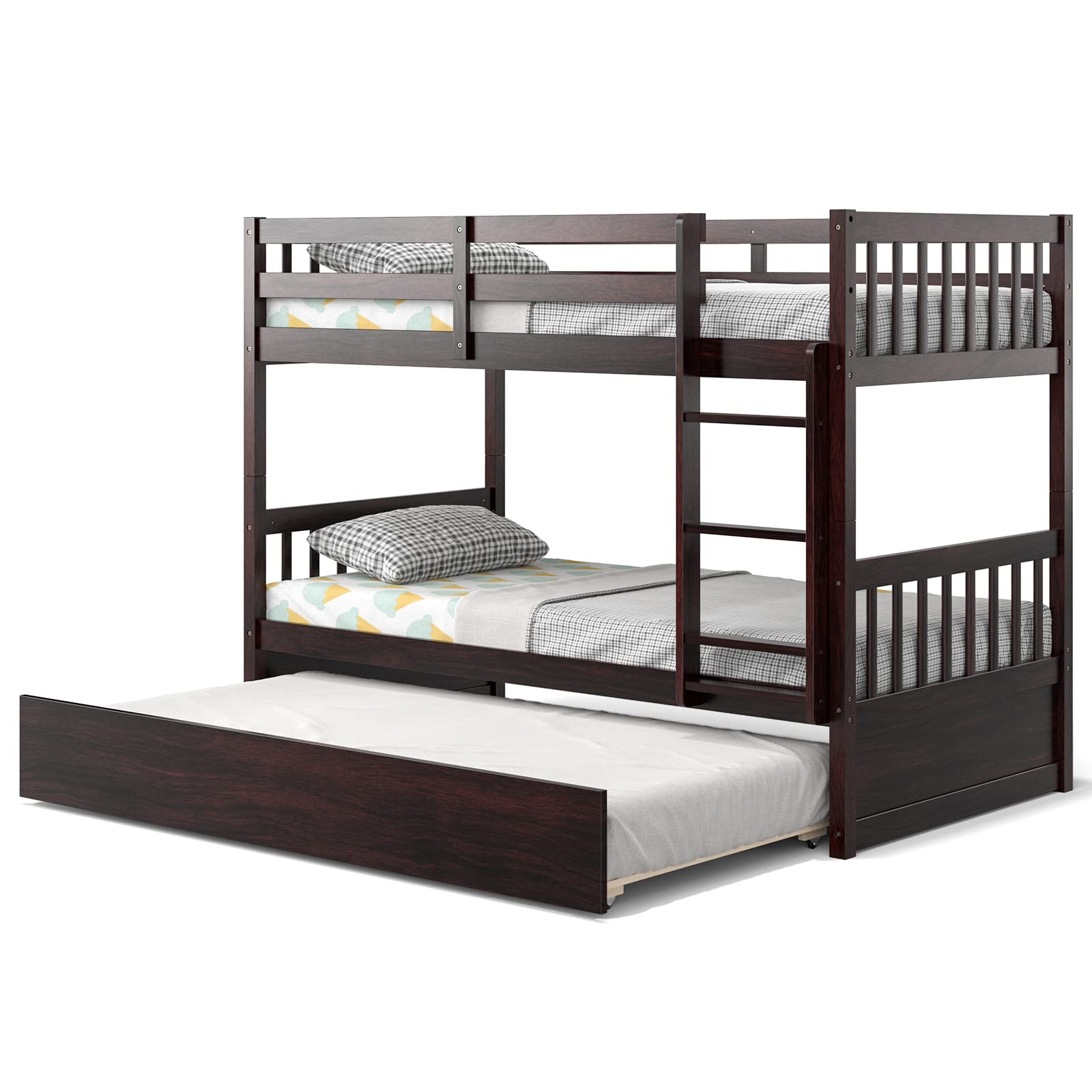 KOMFOTT Wood Bunk Bed with Trundle Twin Over Twin, Solid Pine Wood Bunk Bed Frame