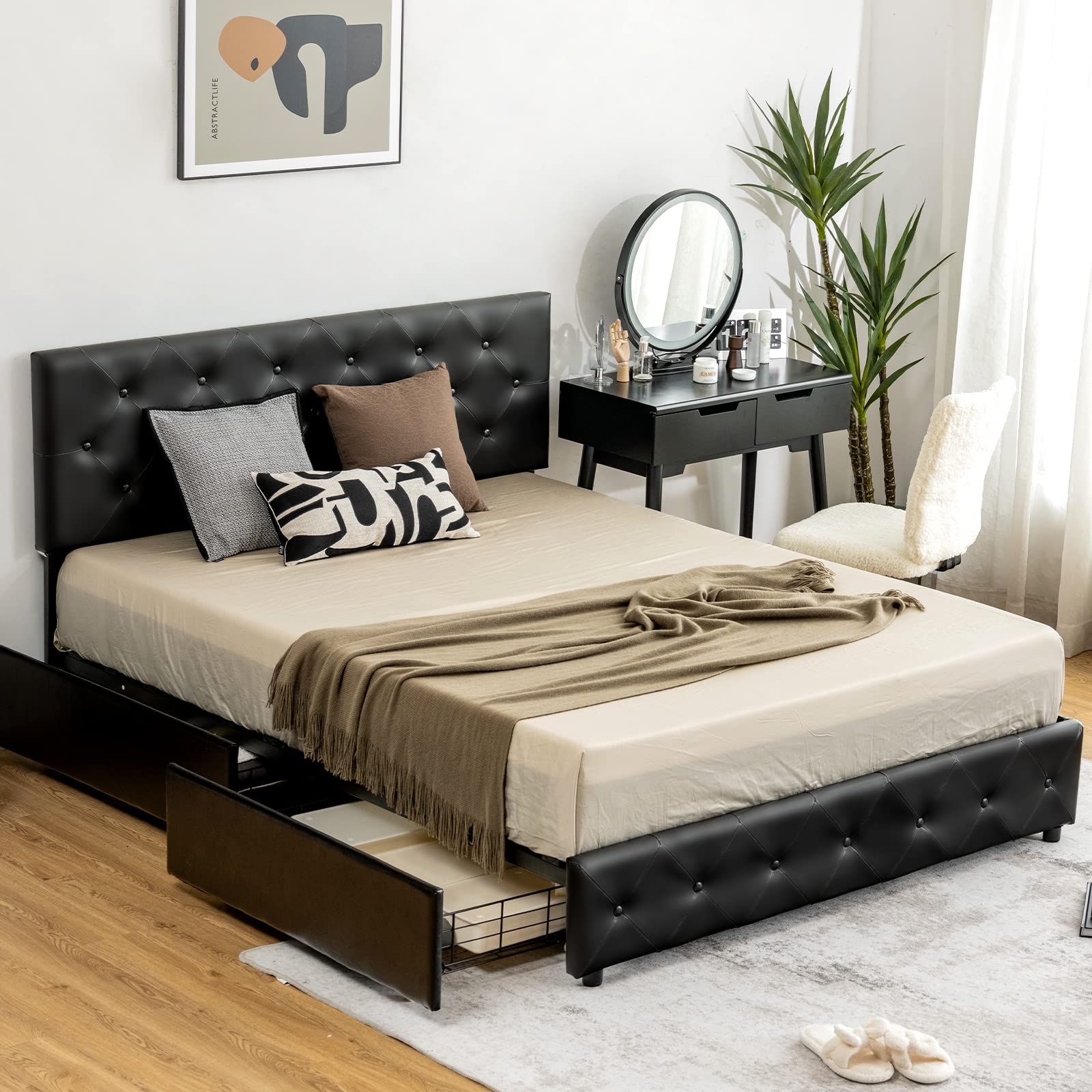 Upholstered PU Leather Platform Bed Frame w/ 4 Storage Drawers