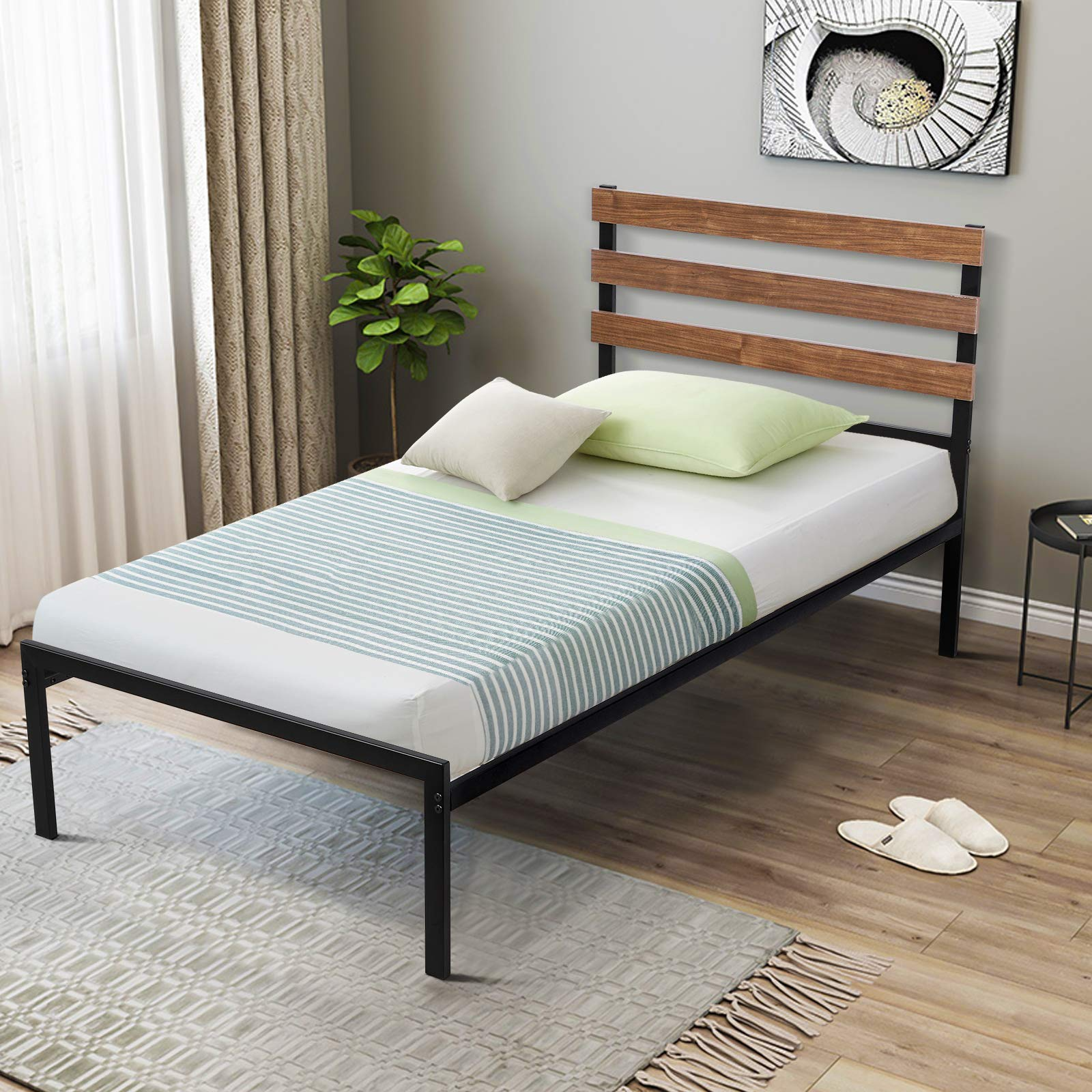 KOMFOTT Metal Bed Frame with Wood Headboard and Slats